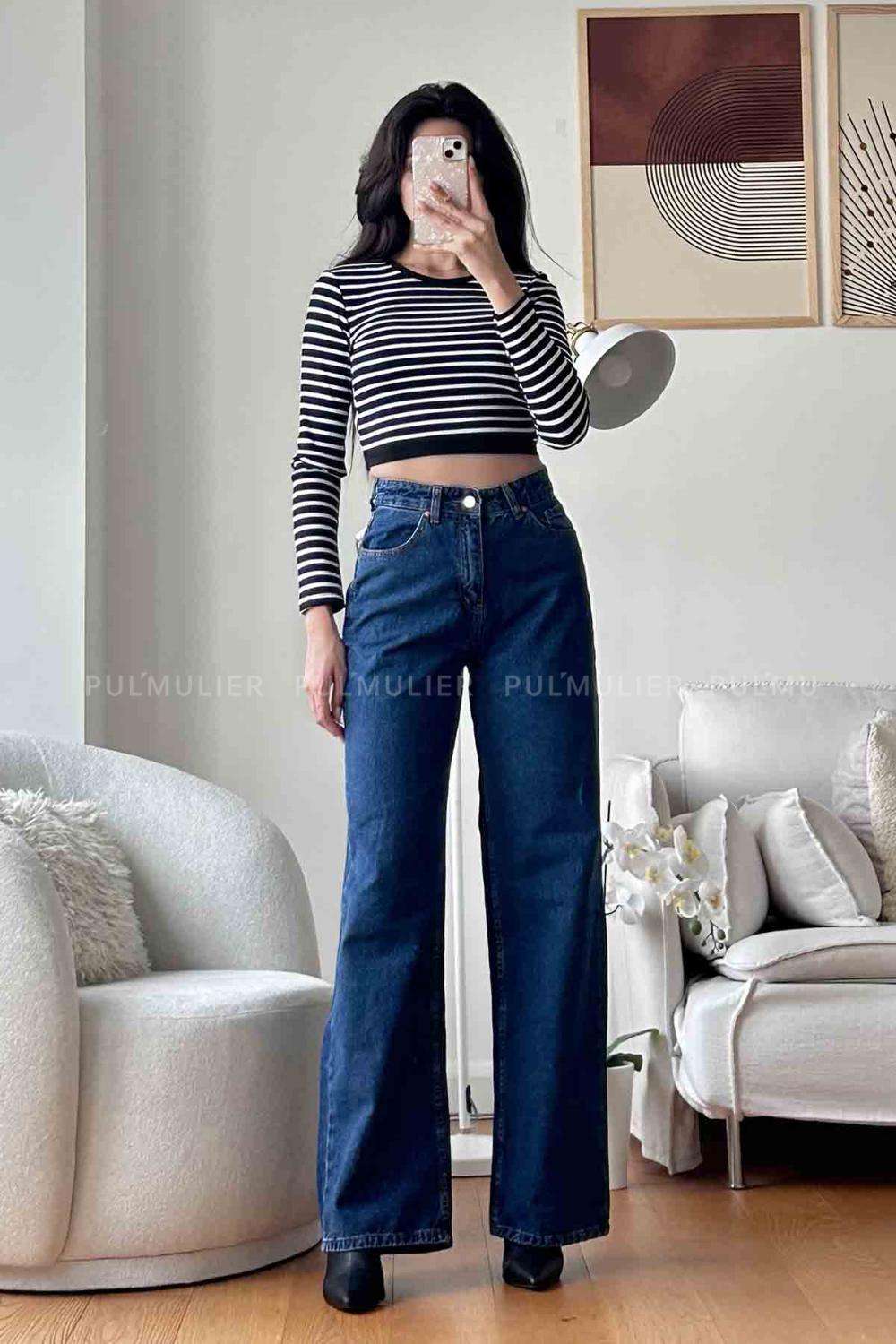 Dark Blue Denim High Waist Denim Pants