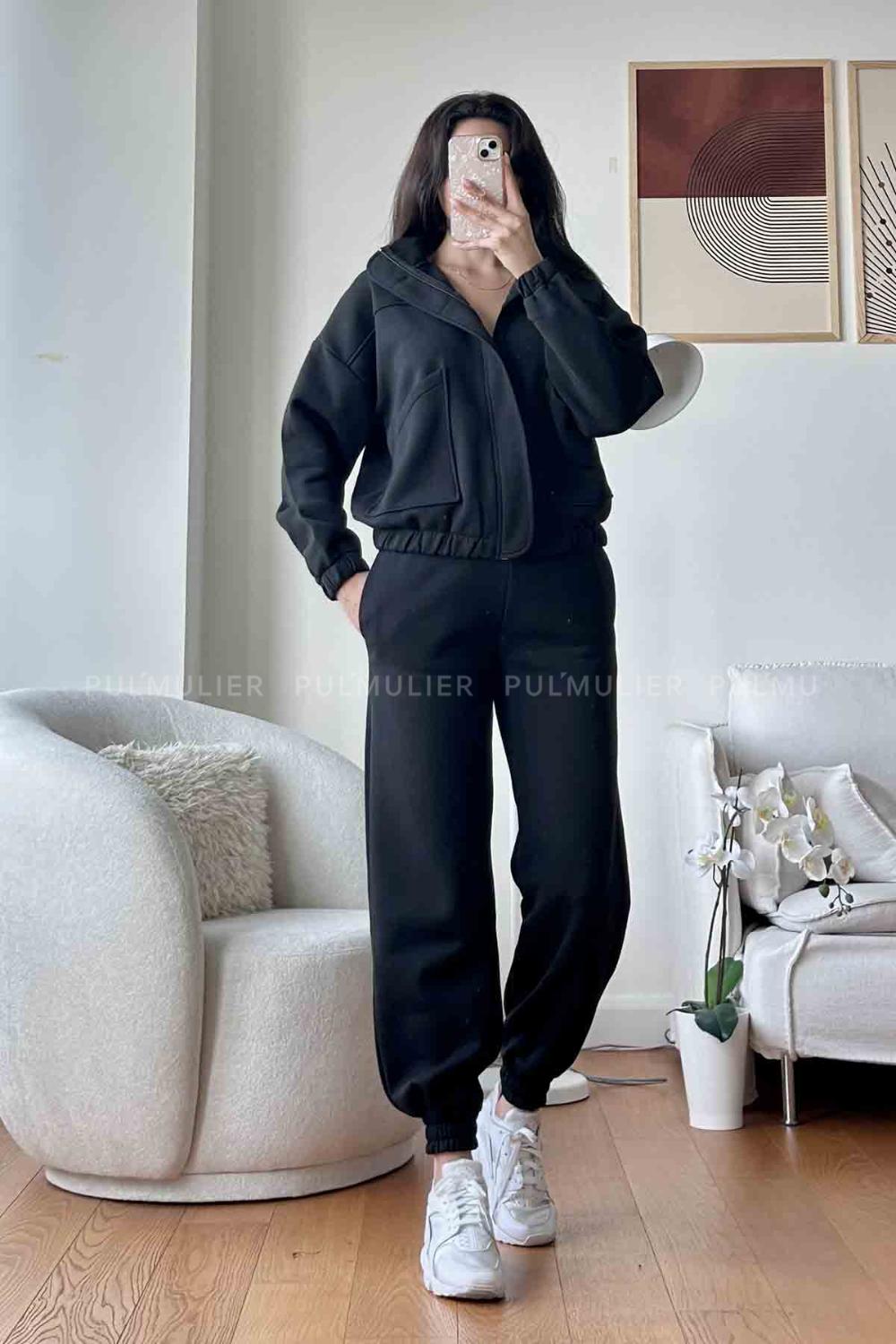 Black Zippered Neck Long Arm With Zipper Cotton Elastic Trousers Comfortable Suit