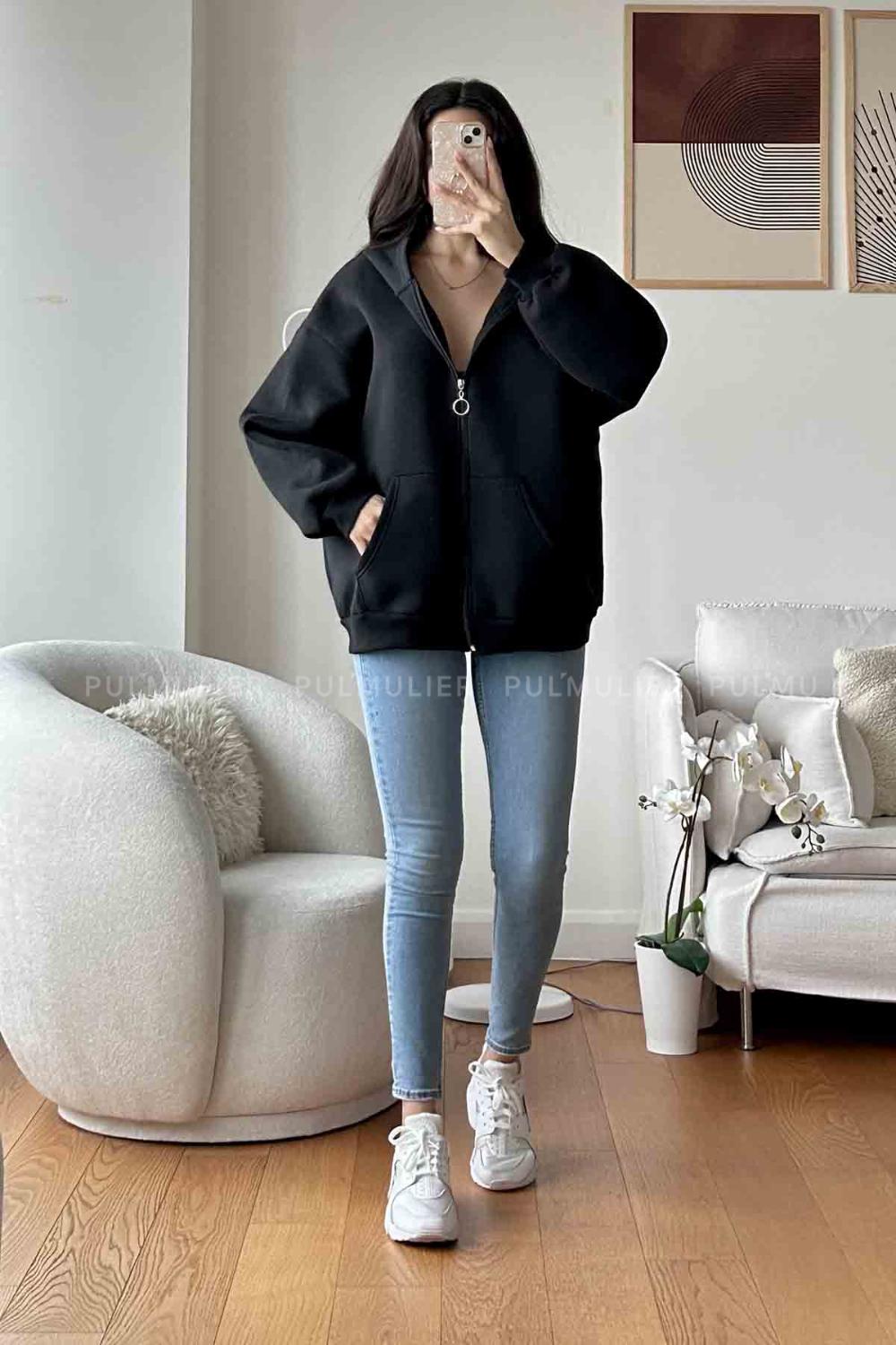 Black Zippered Neck Long Arm Unprinted Sweatshirt