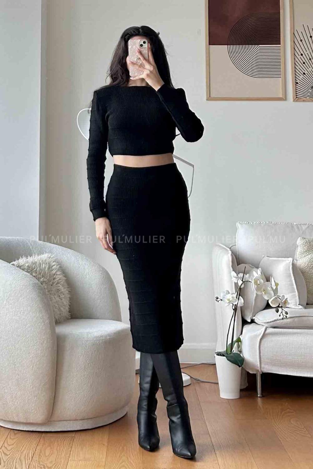 Black Scoop Neck Long Arm Without Accessories Knitwear Regular Trousers Comfortable Suit