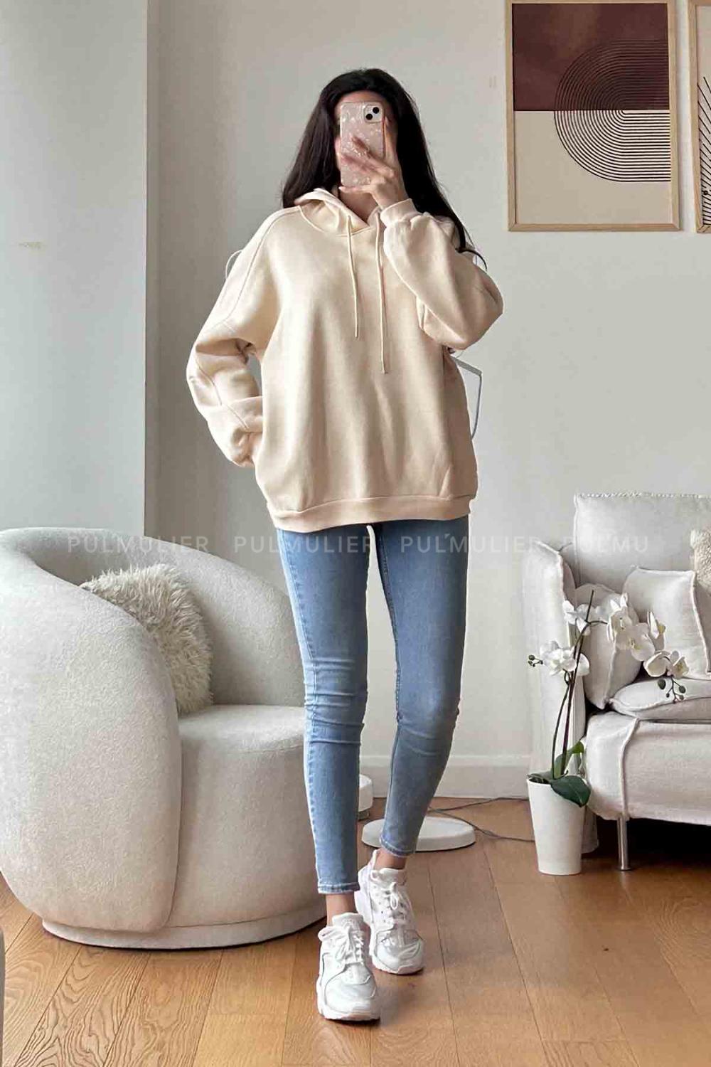 Kapşonlu Oversize Yan Cepli Sweat Krem
