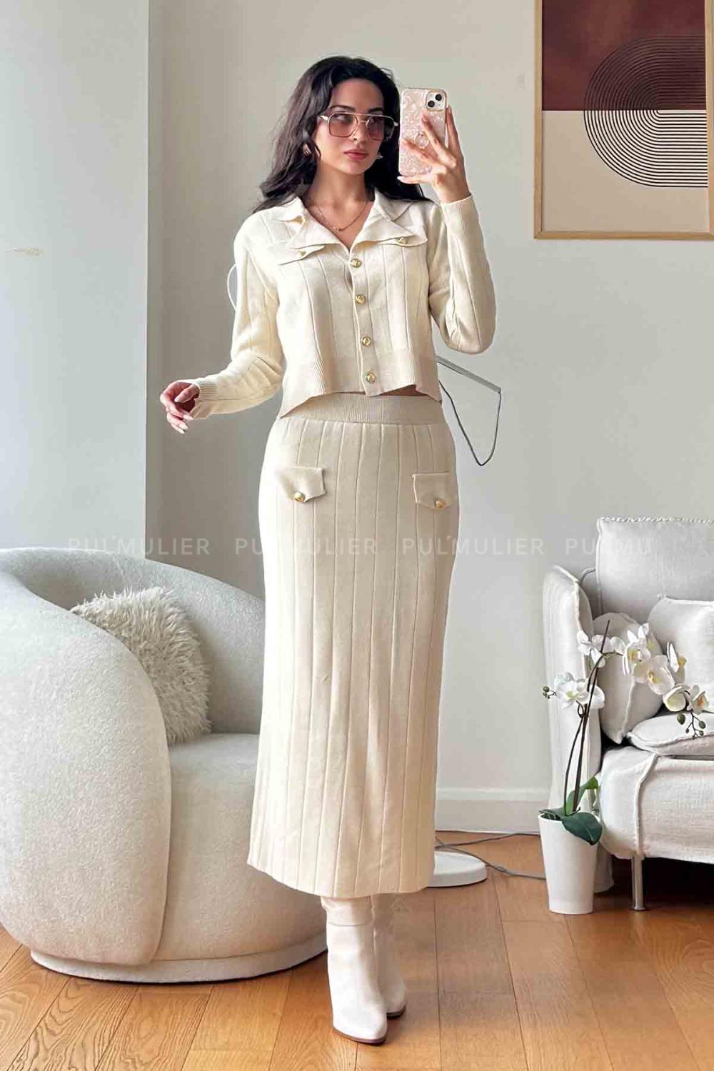 Cream Scoop Neck Long Arm Without Accessories Cotton Fabric Regular Trousers Comfortable Suit