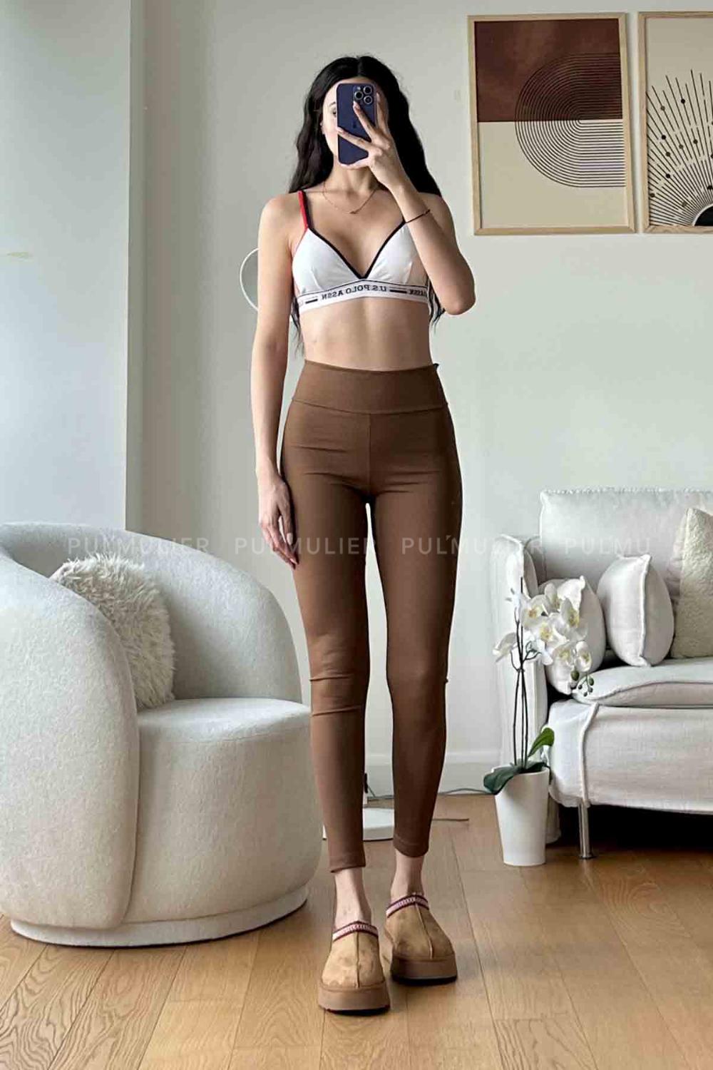 Brown Medium Crew Neck Long Arm Without Accessories Cotton Fabric Unprinted Leggings