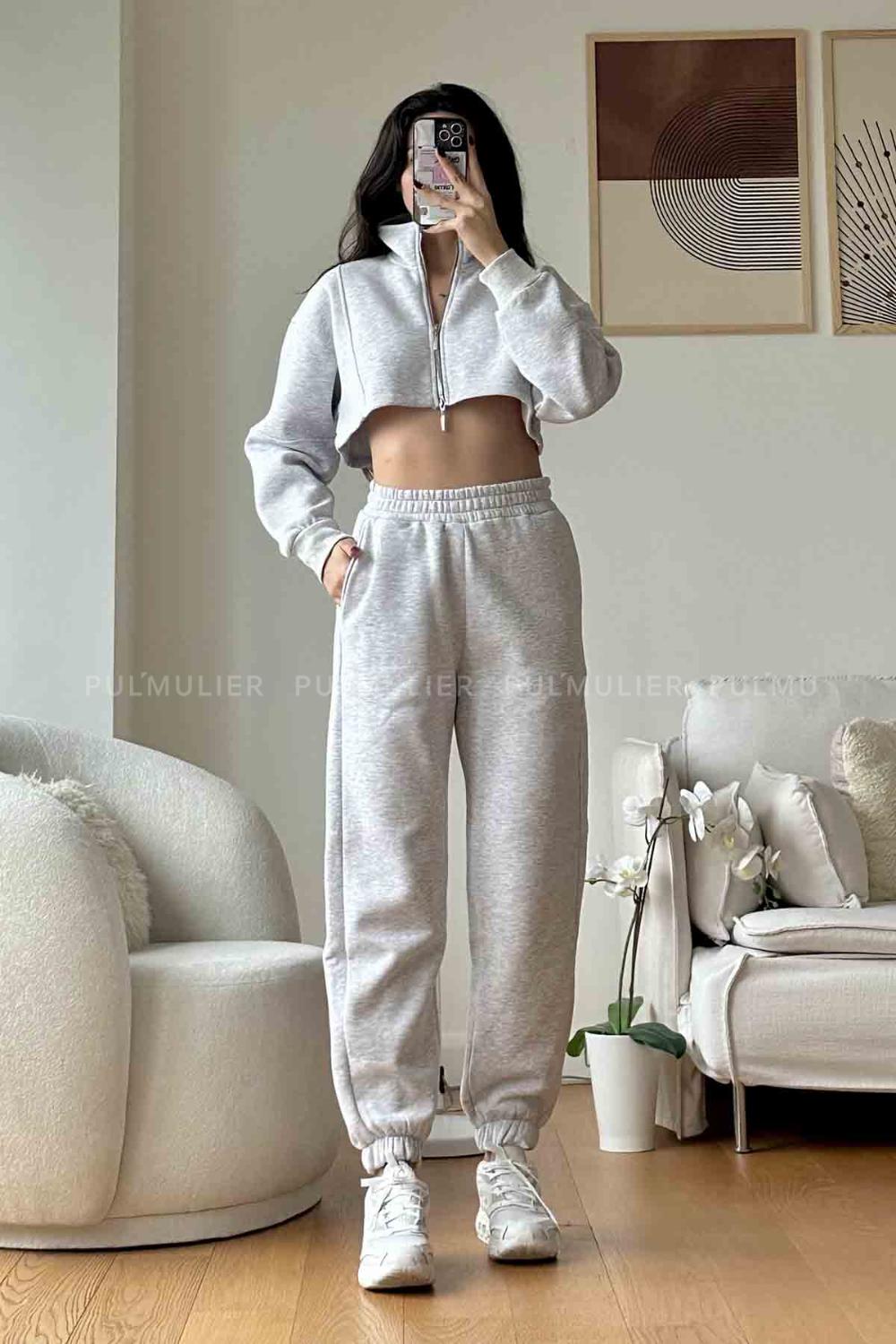 Gray Scoop Neck Long Arm Without Accessories Cotton Fabric Regular Trousers Comfortable Suit