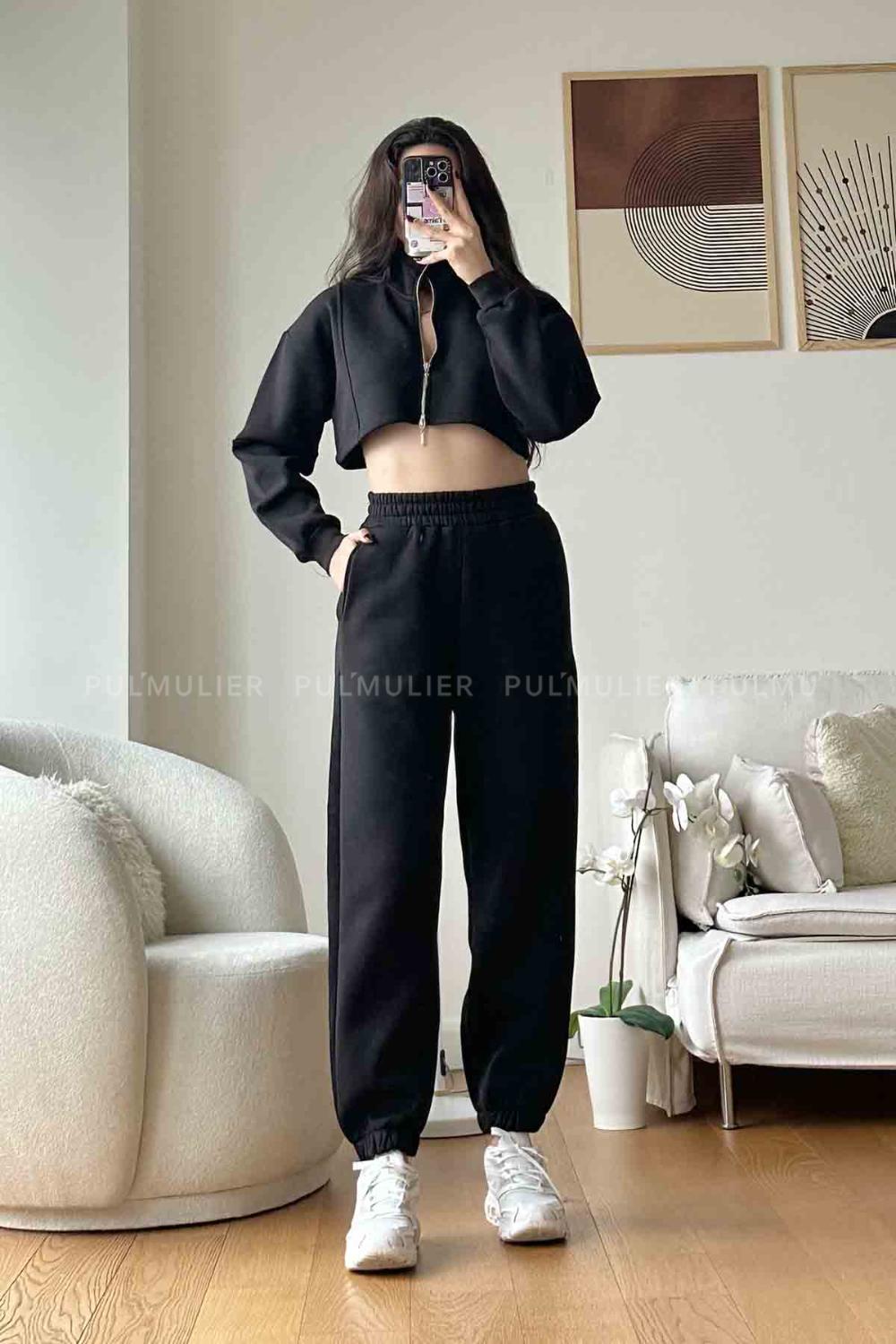 Black Scoop Neck Long Arm Without Accessories Cotton Fabric Regular Trousers Comfortable Suit