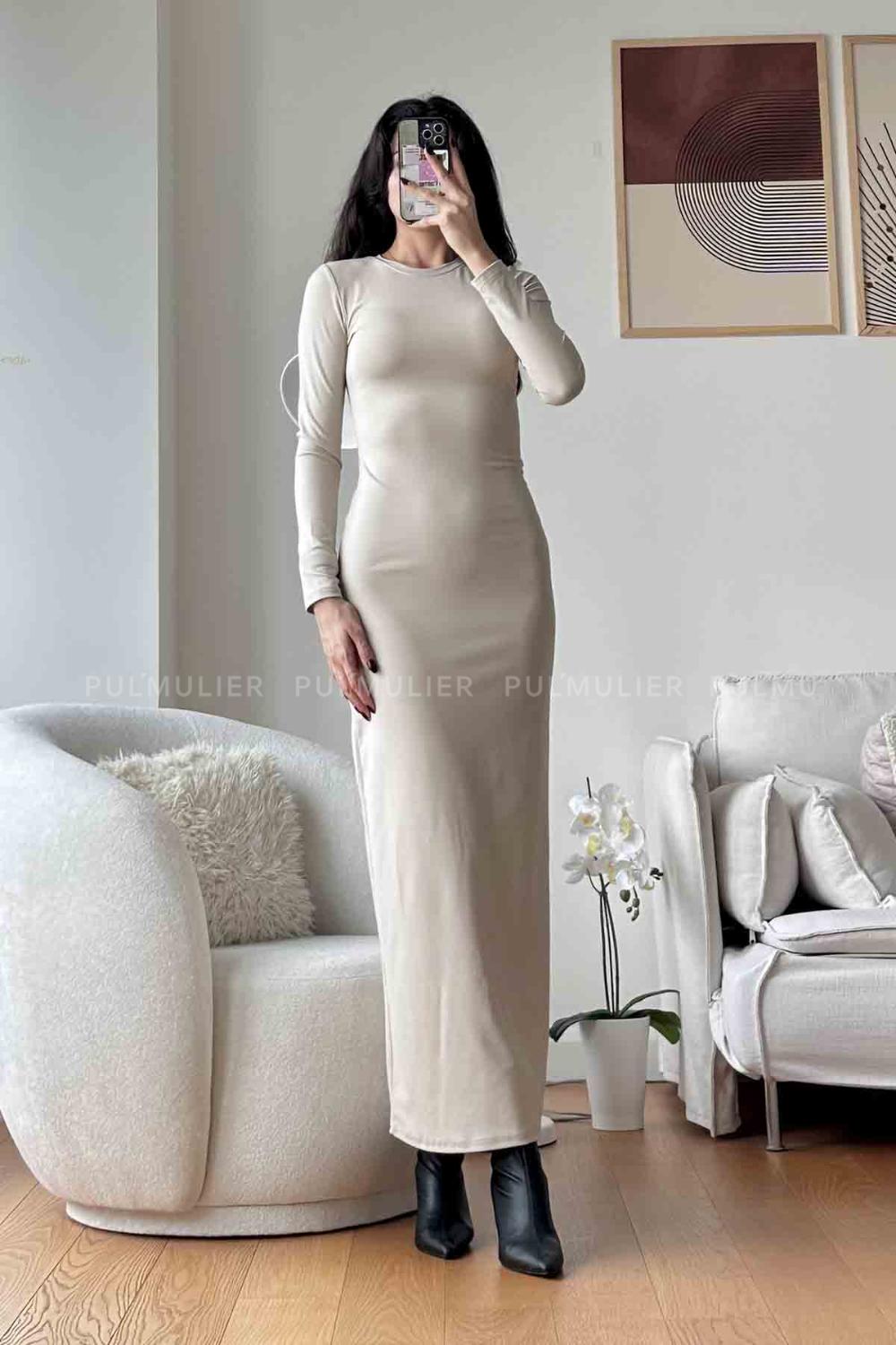 Beige Scope Neck Knitwear Unprinted Dresess