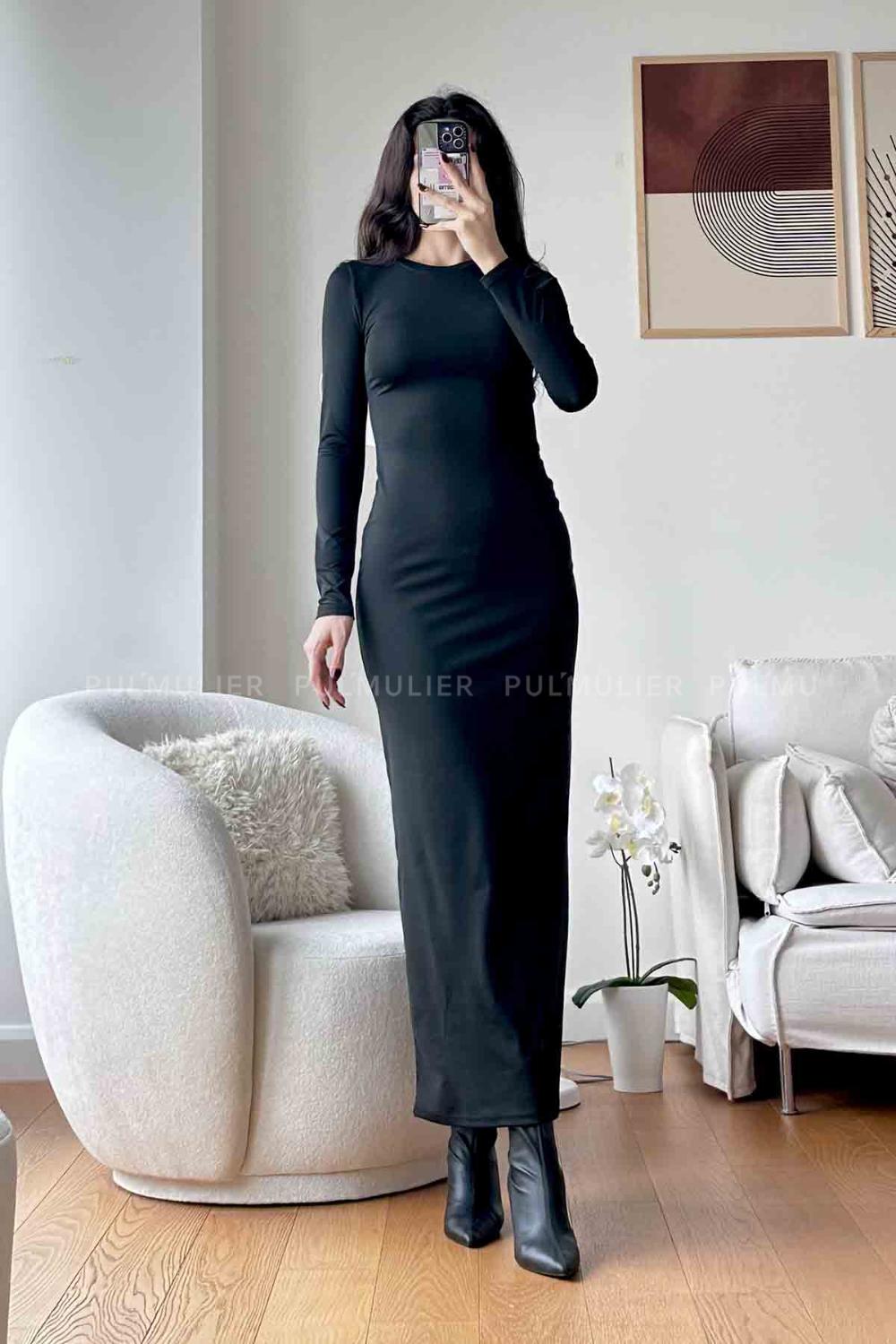 Black Scope Neck Knitwear Unprinted Dresess