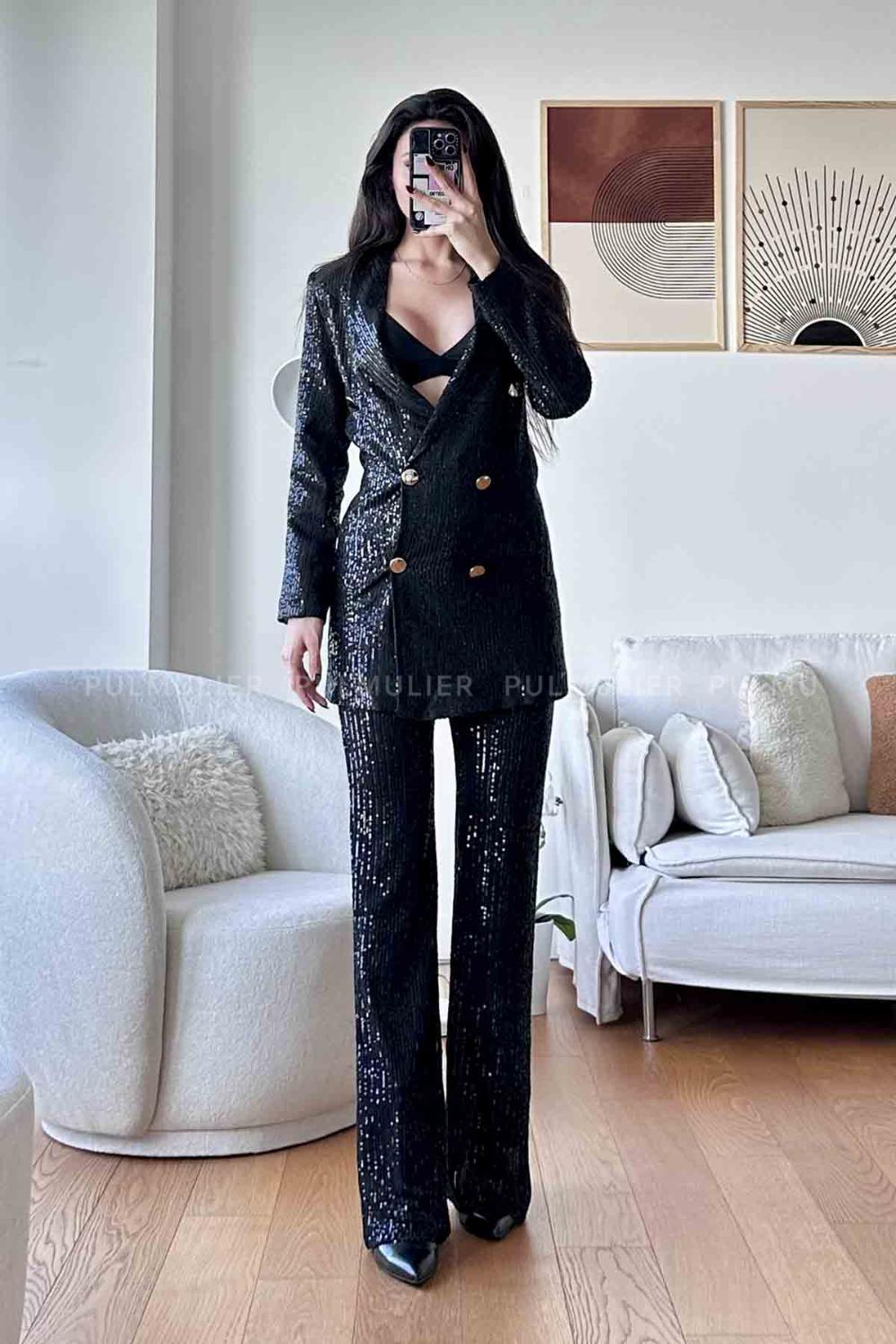 Black Scoop Neck Long Arm Without Accessories Cotton Fabric Regular Trousers Comfortable Suit