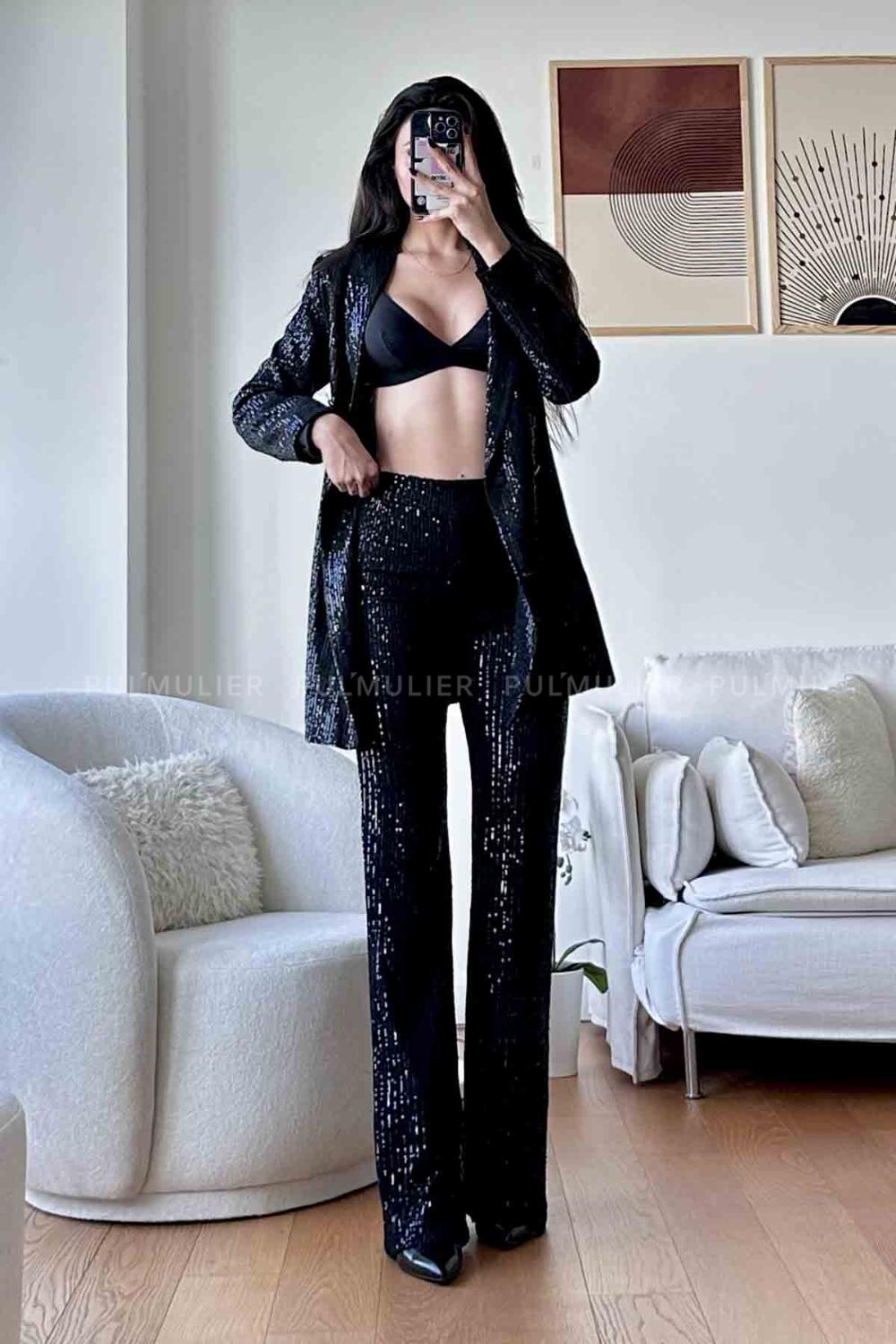 Black Scoop Neck Long Arm Without Accessories Cotton Fabric Regular Trousers Comfortable Suit