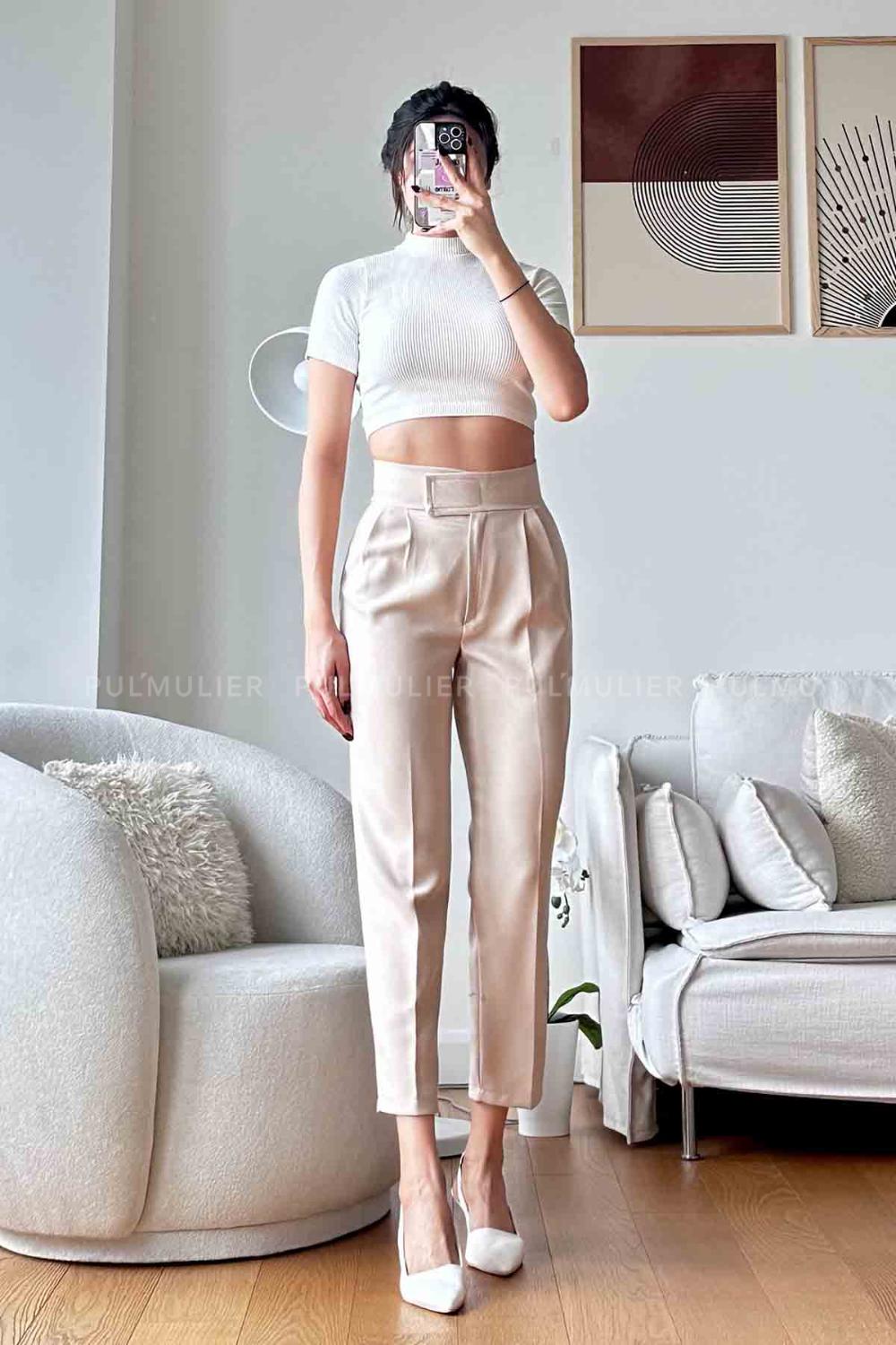 Cream Linen Cotton Fabric High Waist Carrot Pant Pants