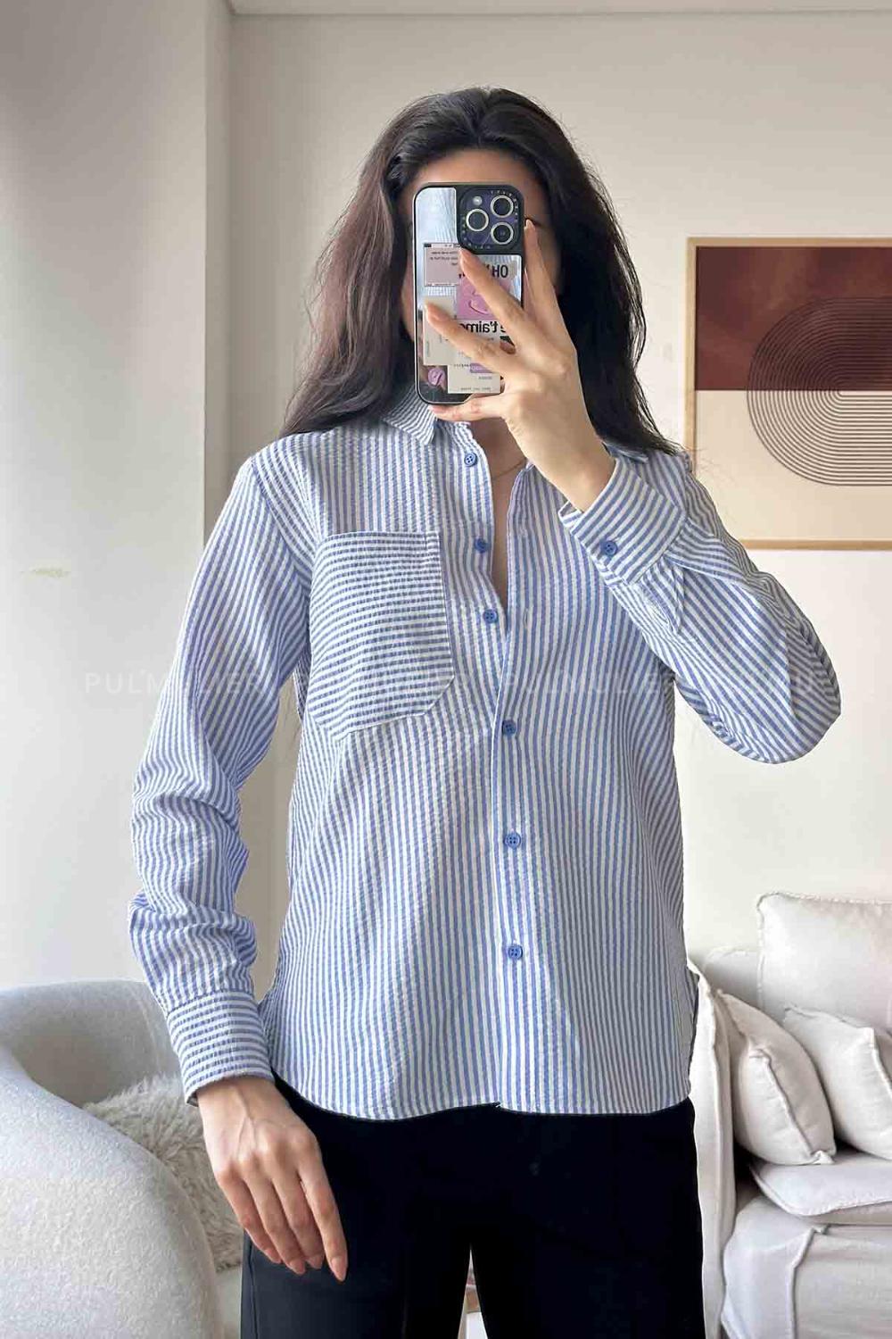 Indigo Shirt Collar Long Arm Cotton Fabric Unprinted Shirt