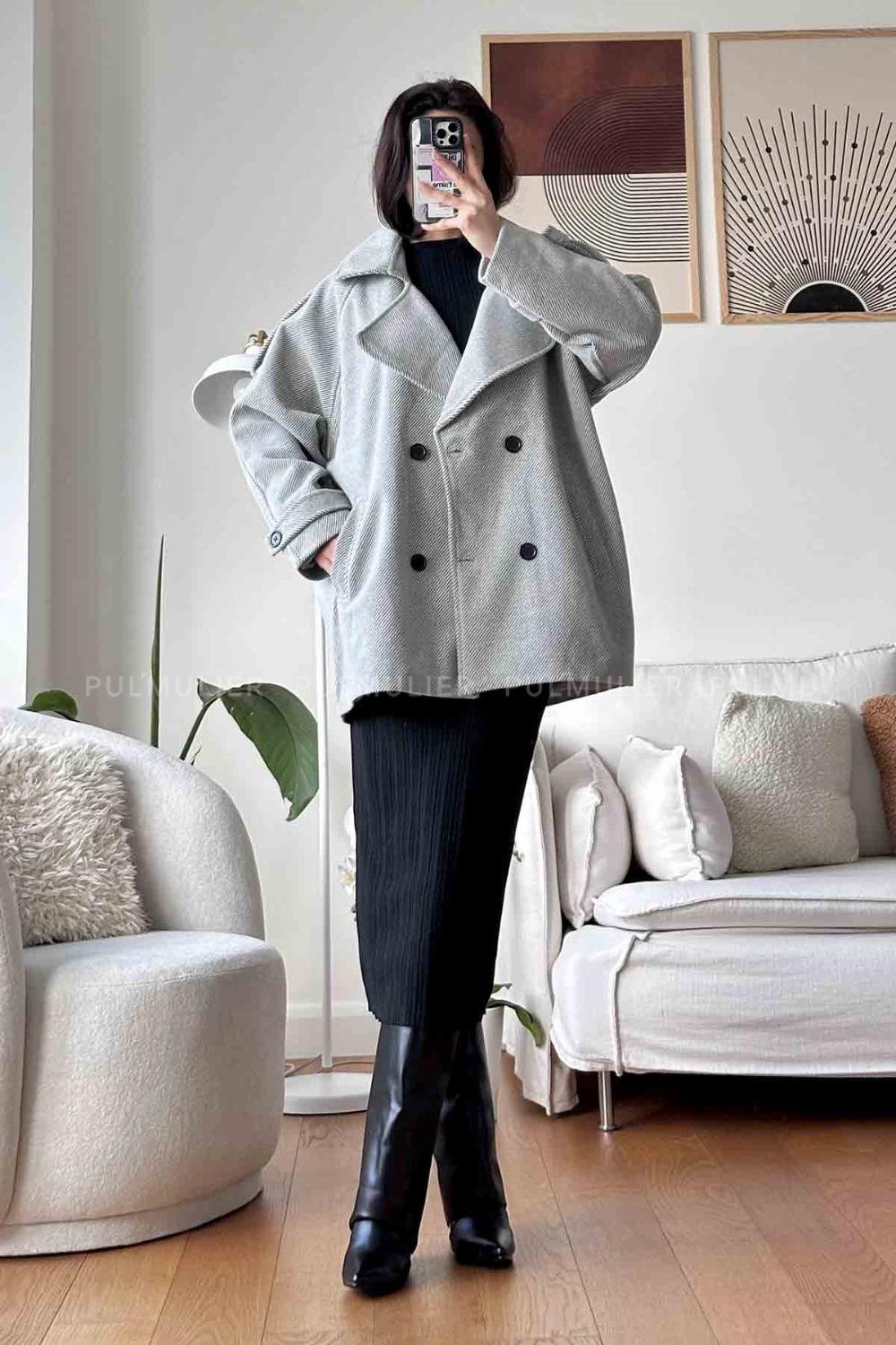 Gray V Neck Long Arm Stamp Fabric Coat