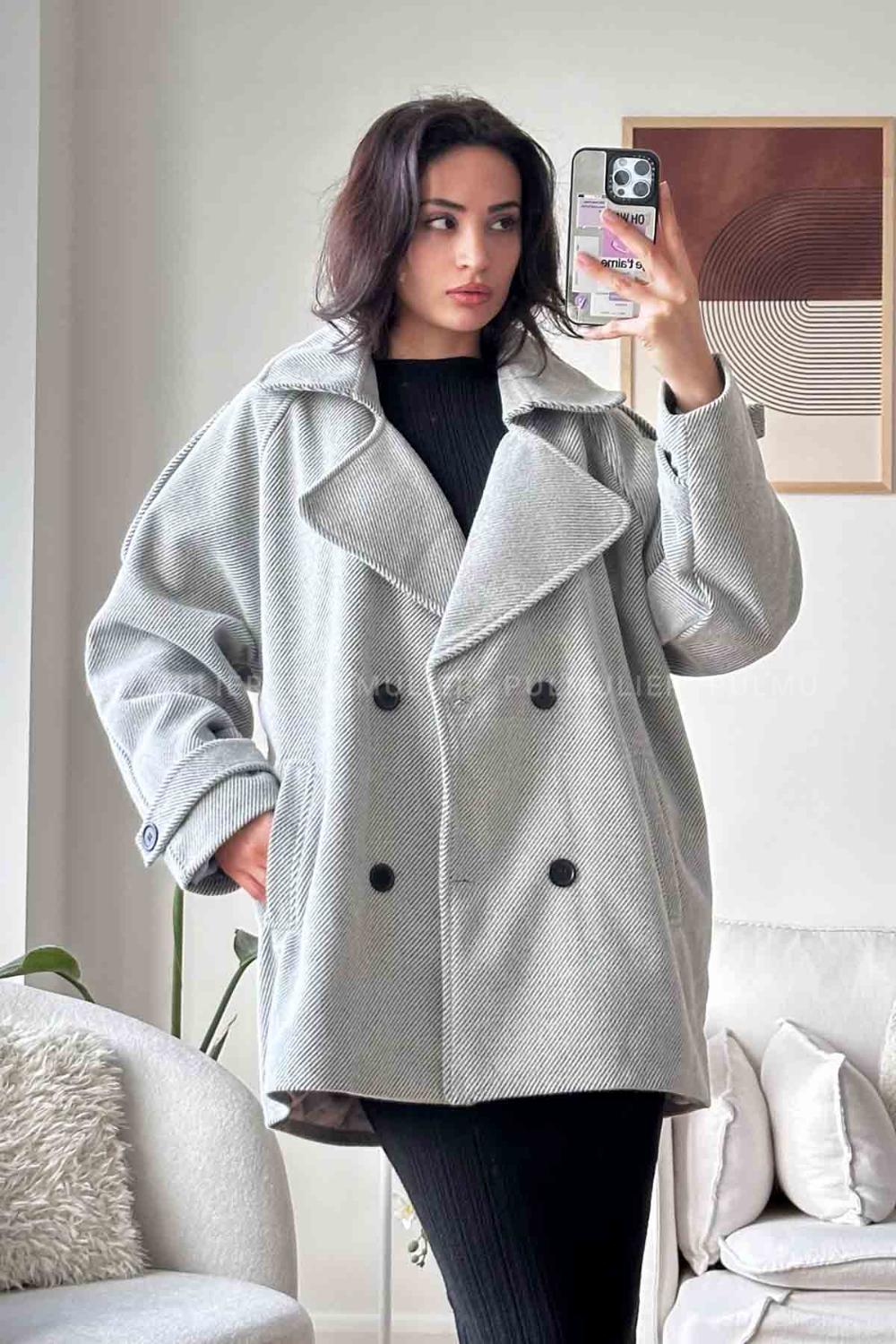 Gray V Neck Long Arm Stamp Fabric Coat