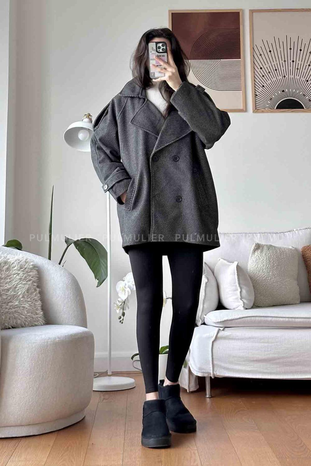 Black V Neck Long Arm Stamp Fabric Coat