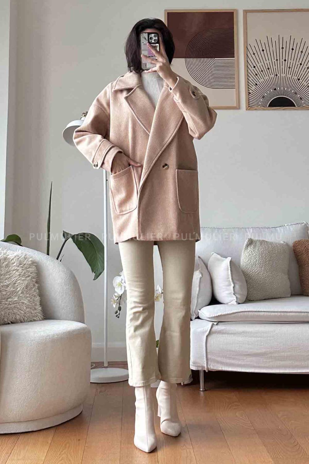 Salmon V Neck Long Arm Stamp Fabric Coat