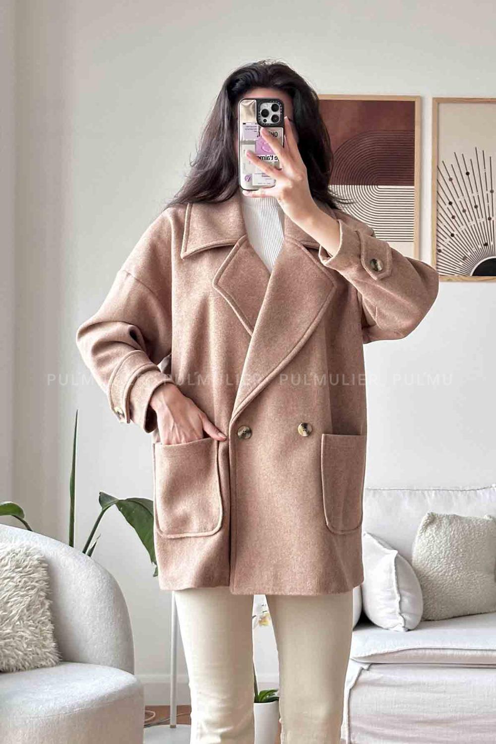 Brown With Milk V Neck Long Arm Stamp Fabric Coat