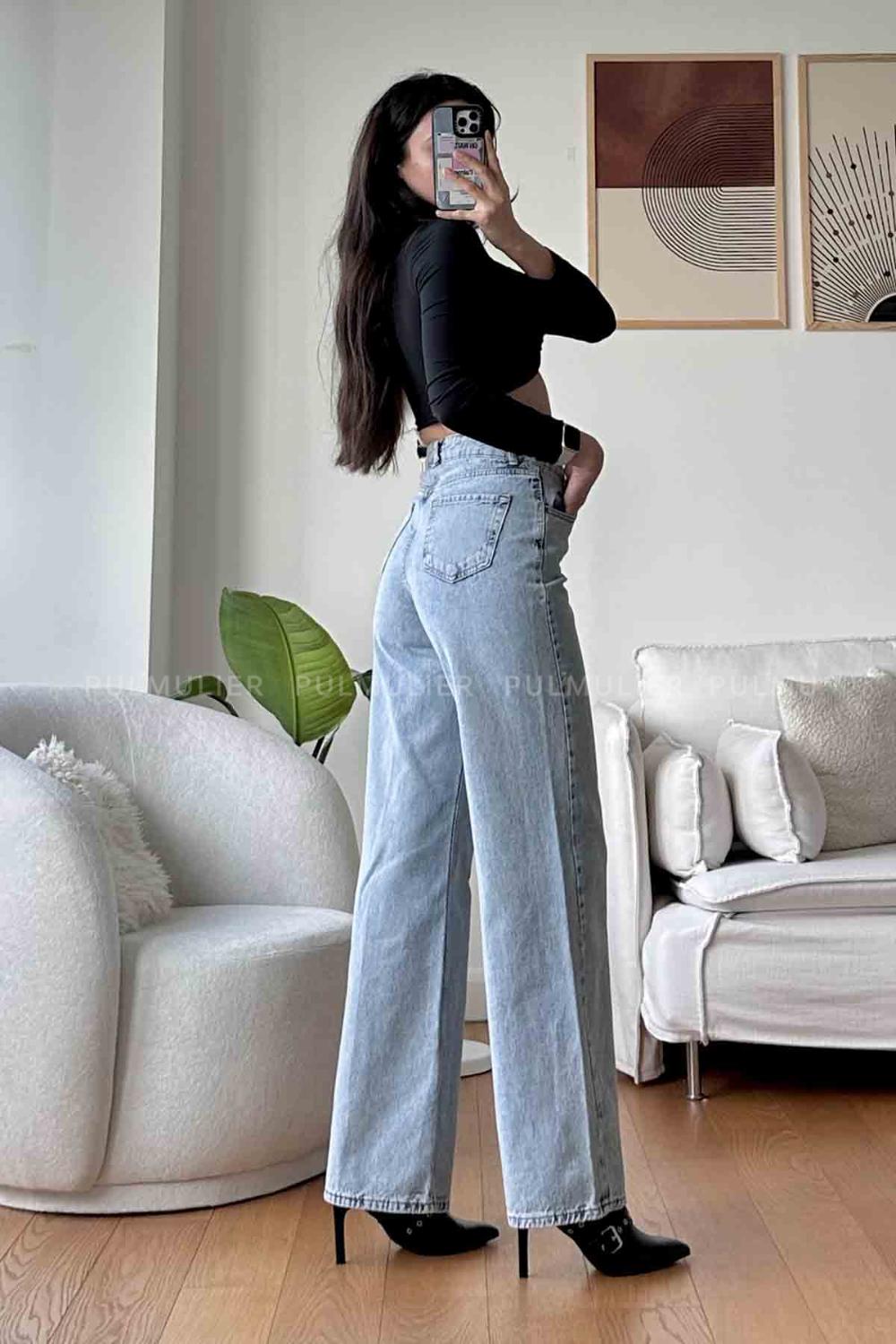 Sky Blue Cotton High Waist Denim Pants