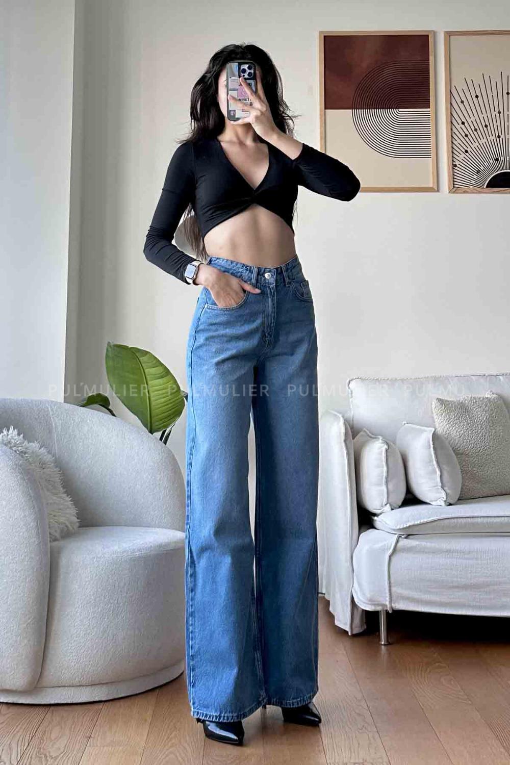 Blue Cotton High Waist Denim Pants