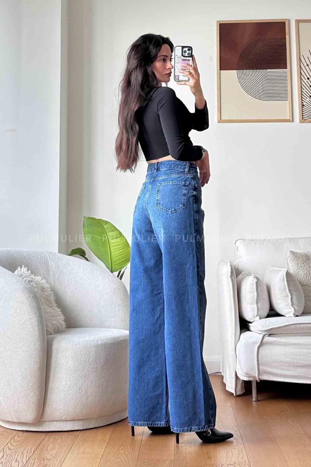 Denim Blue Cotton High Waist Denim Pants