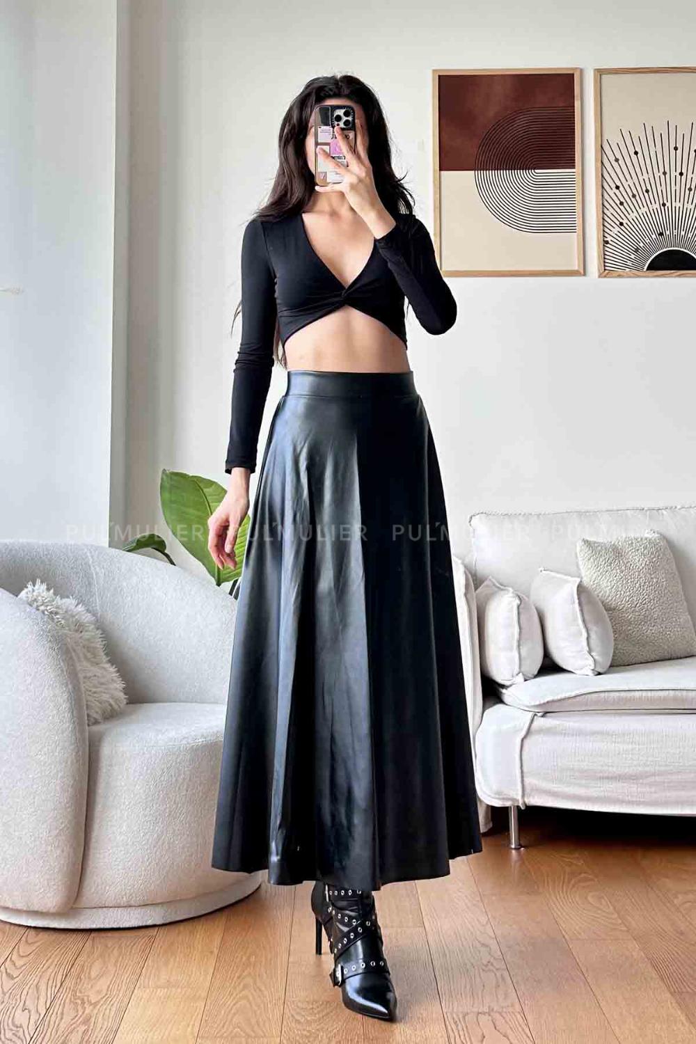 Black Faux Leather Unprinted Skirt