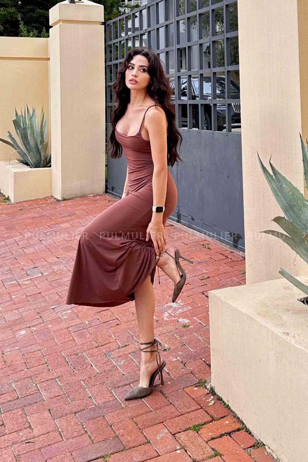 Brown Scope Neck Knitwear Unprinted Dresess