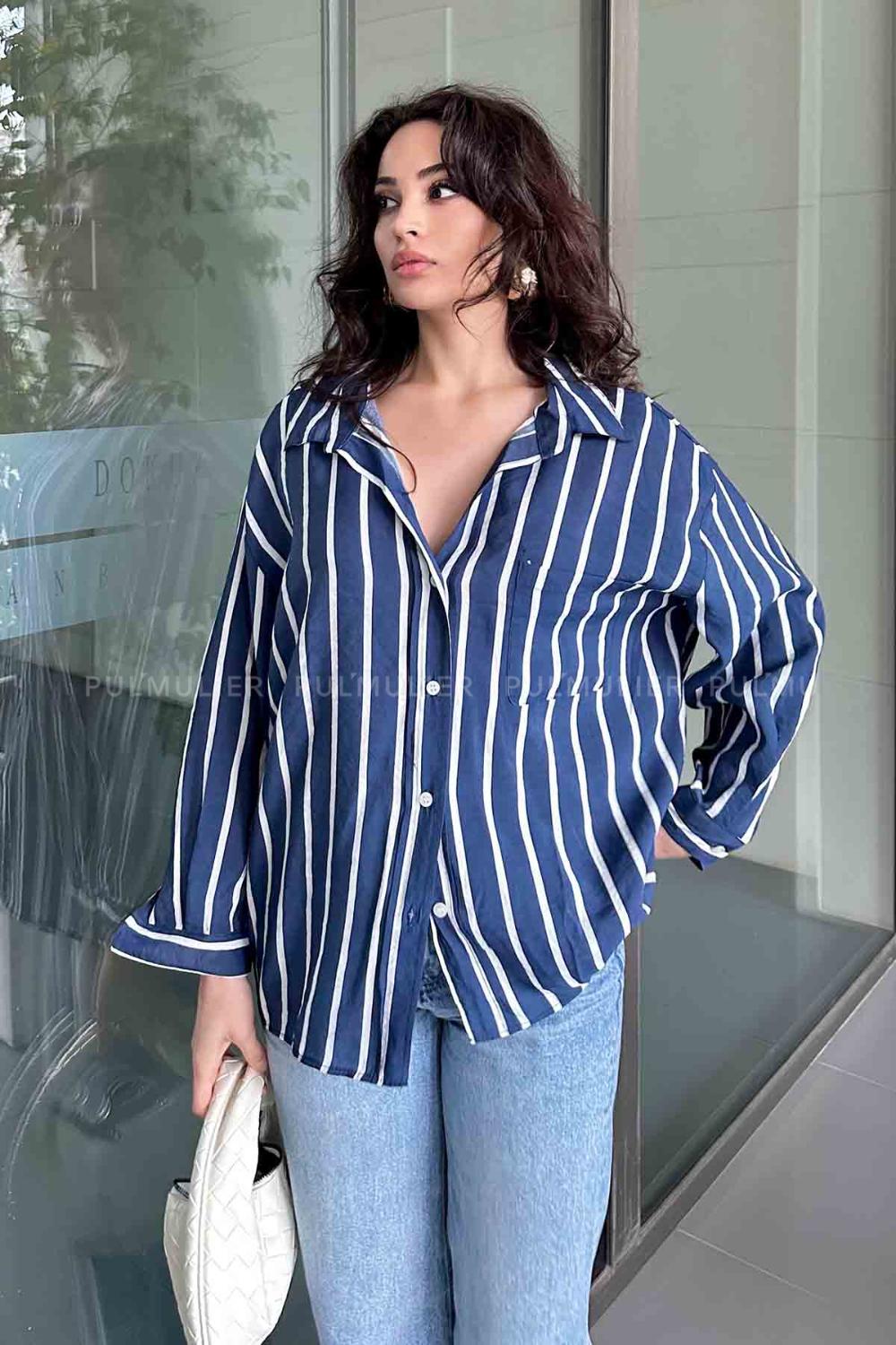 Indigo Shirt Collar Long Arm Cotton Fabric Unprinted Shirt