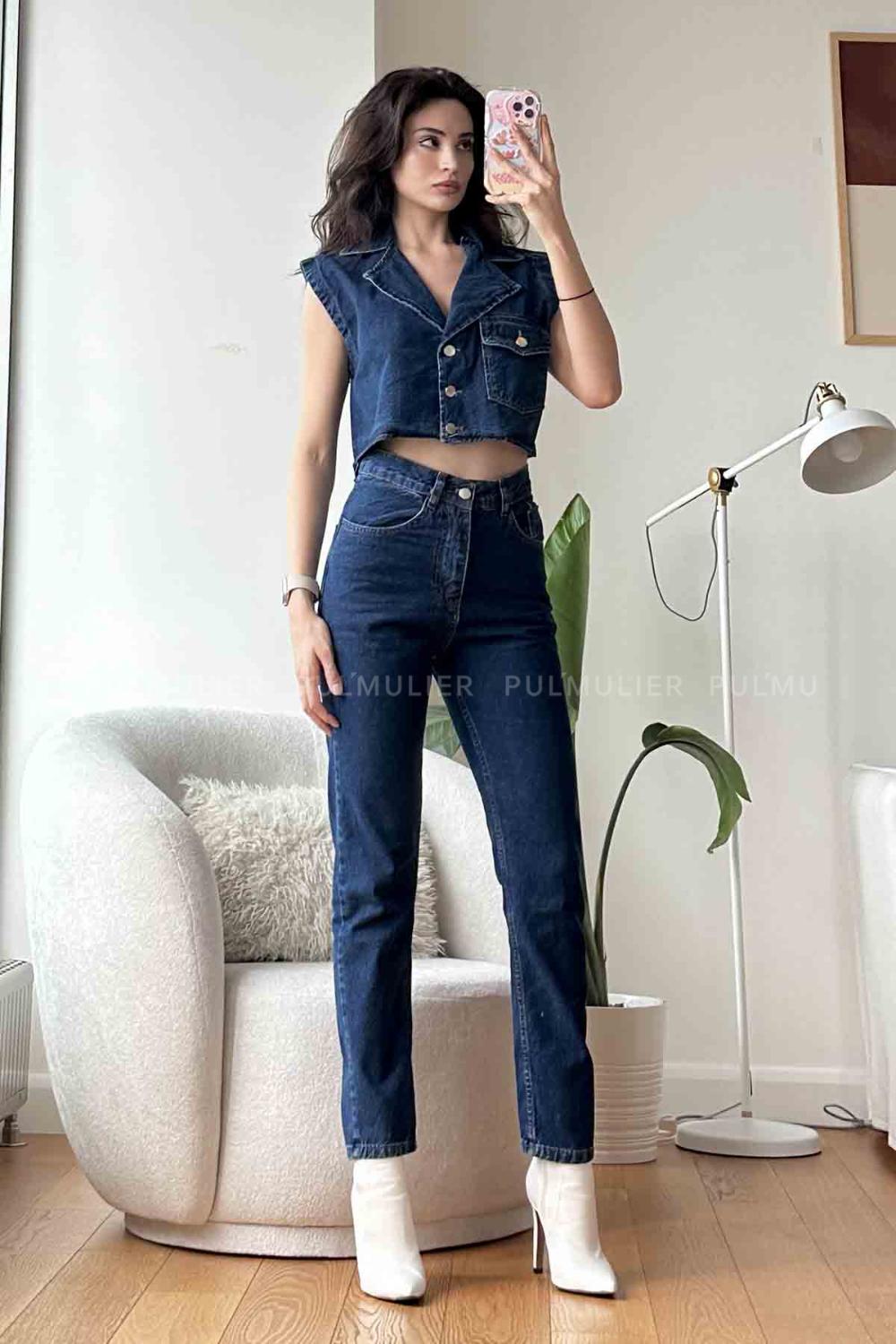 Dark Blue Scoop Neck Long Arm Without Accessories Cotton Fabric Regular Trousers Comfortable Suit