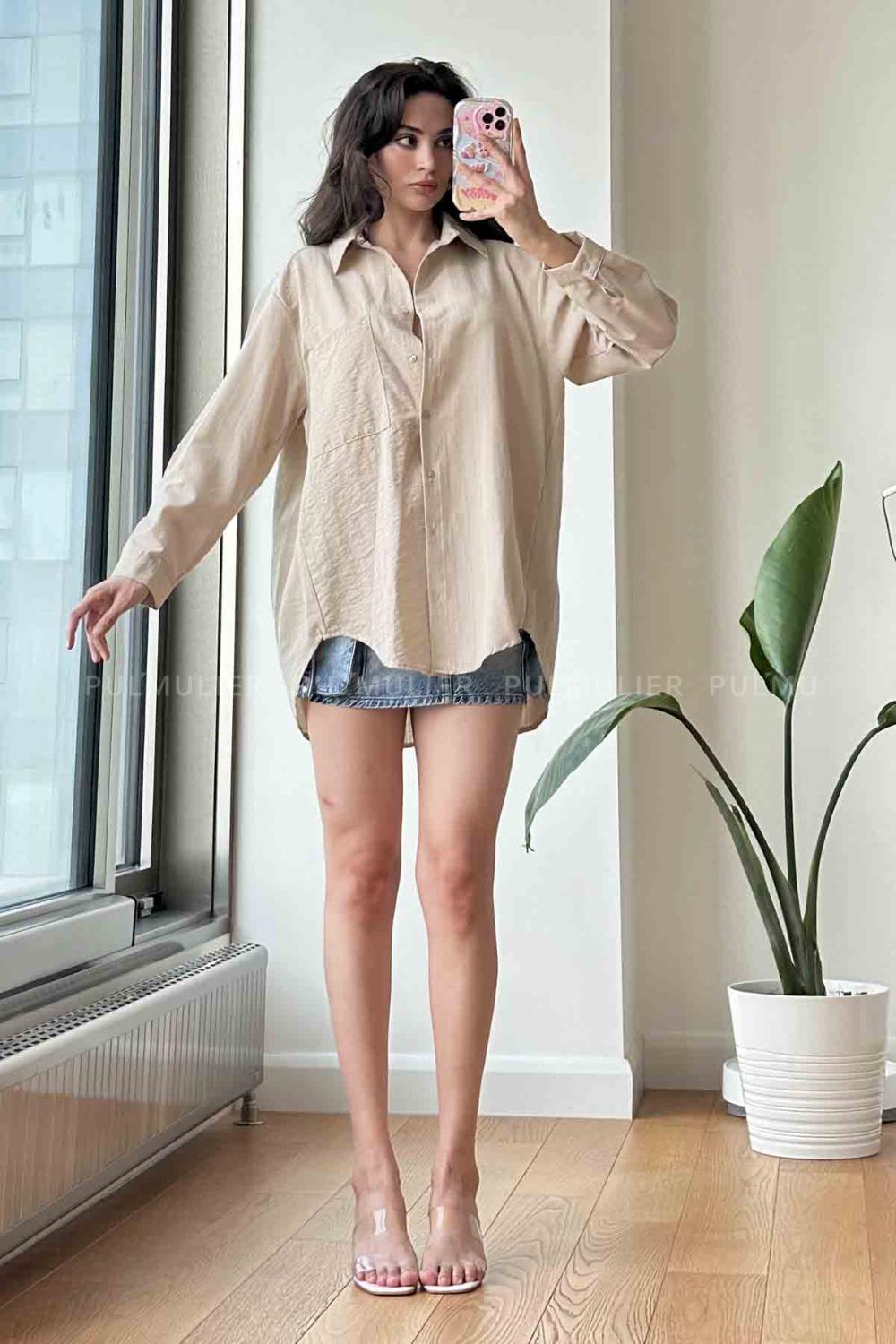 Beige Shirt Collar Long Arm Cotton Fabric Unprinted Shirt