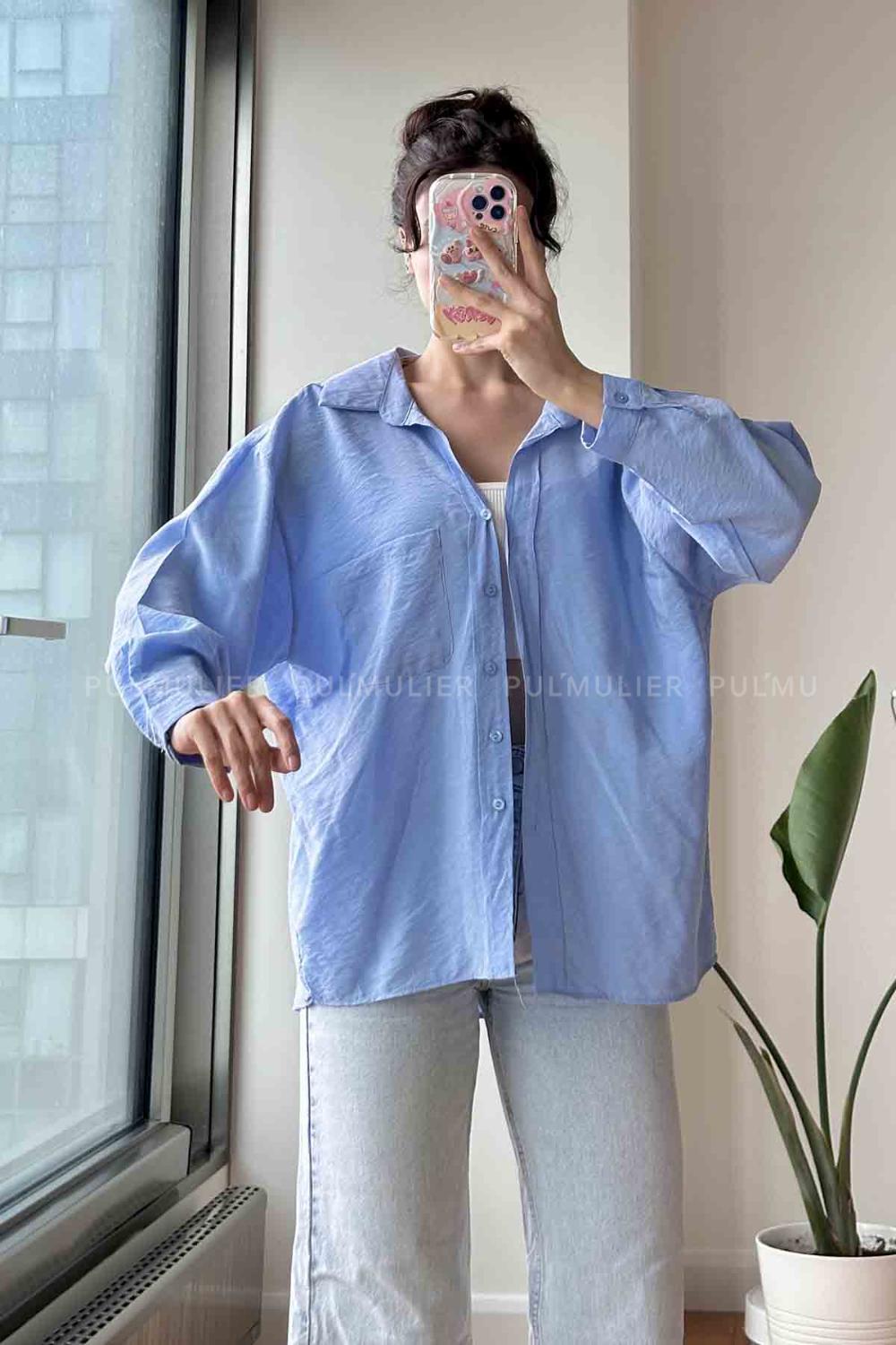 Blue Shirt Collar Long Arm Cotton Fabric Unprinted Shirt