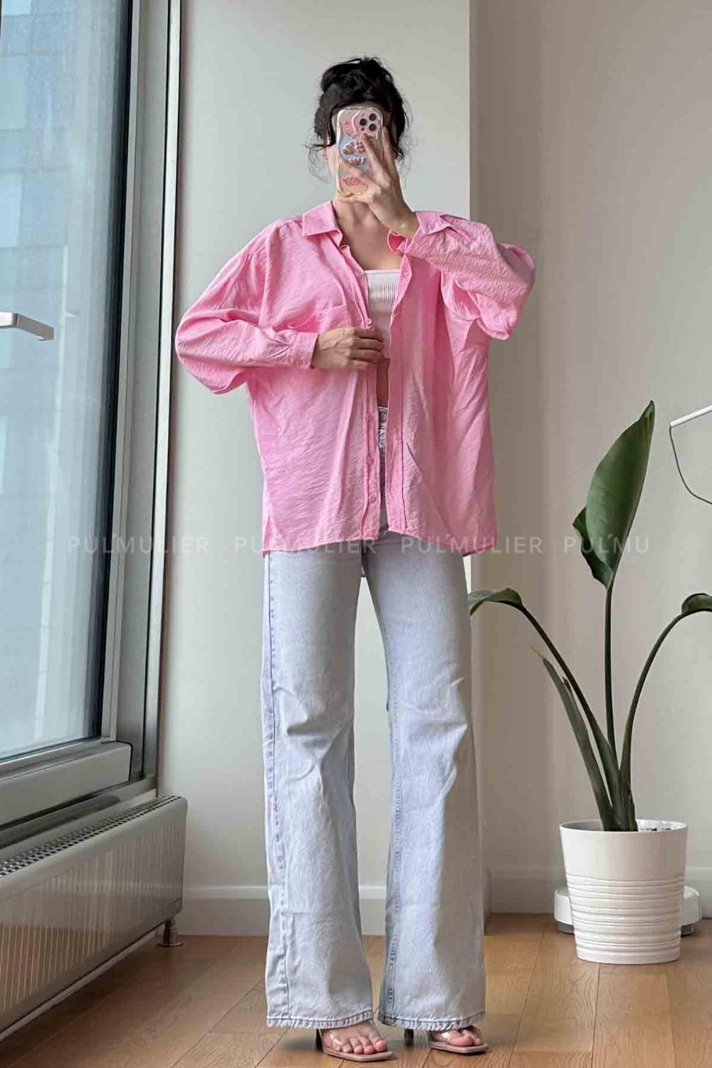 Pink Shirt Collar Long Arm Cotton Fabric Unprinted Shirt
