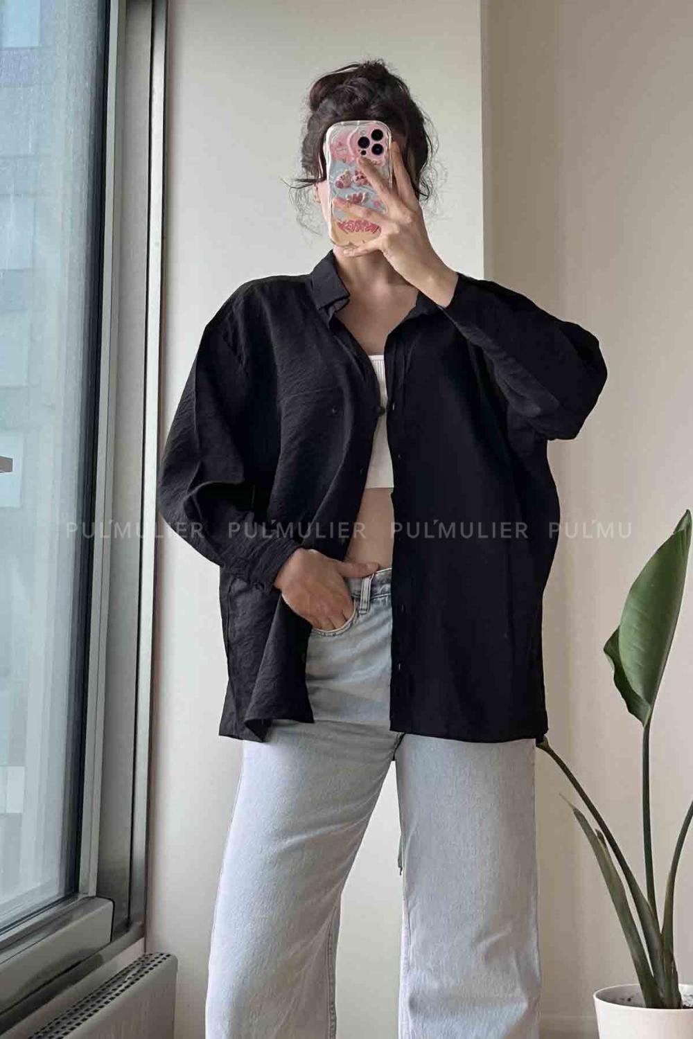 Black Shirt Collar Long Arm Cotton Fabric Unprinted Shirt