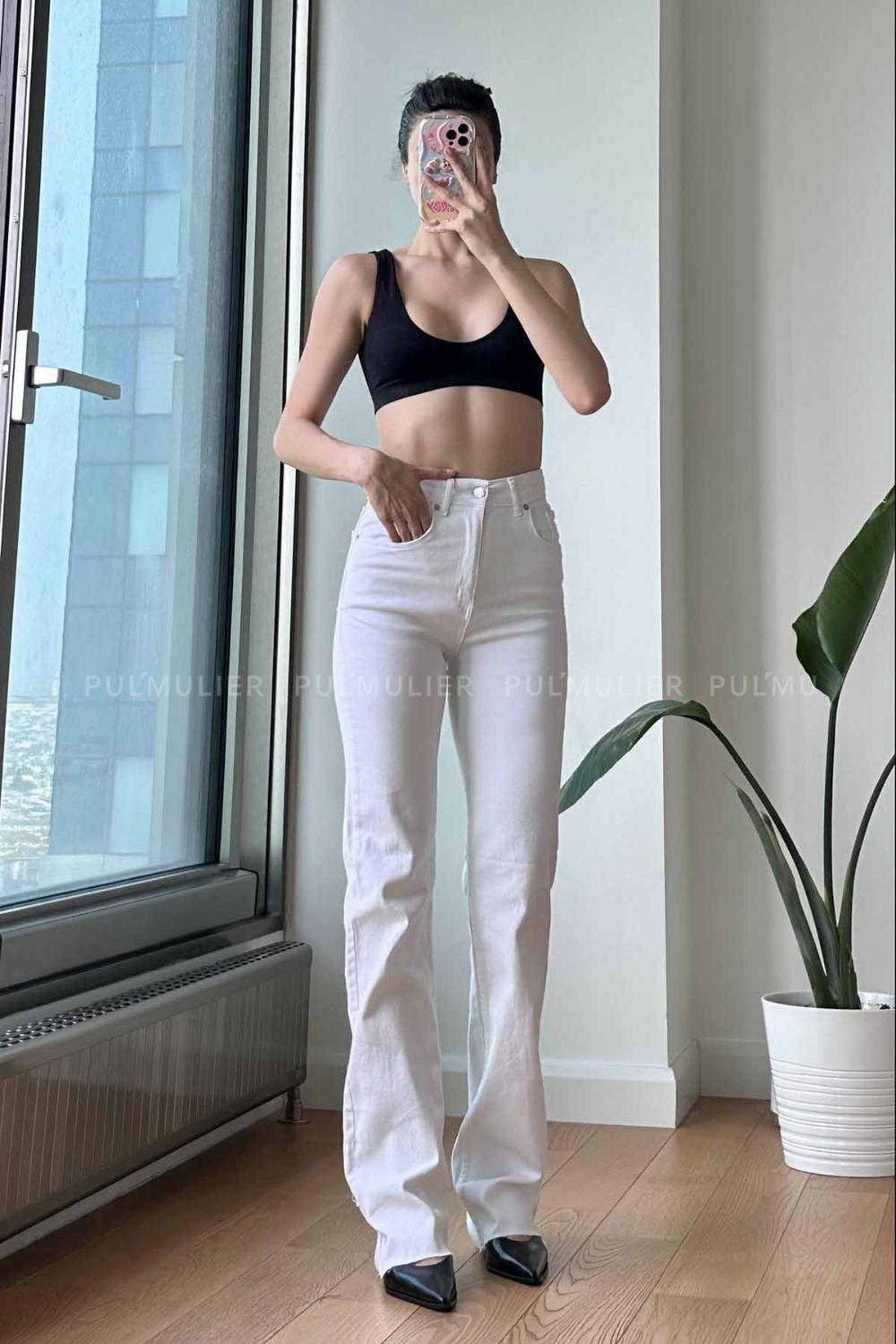 White Cotton High Waist Denim Pants