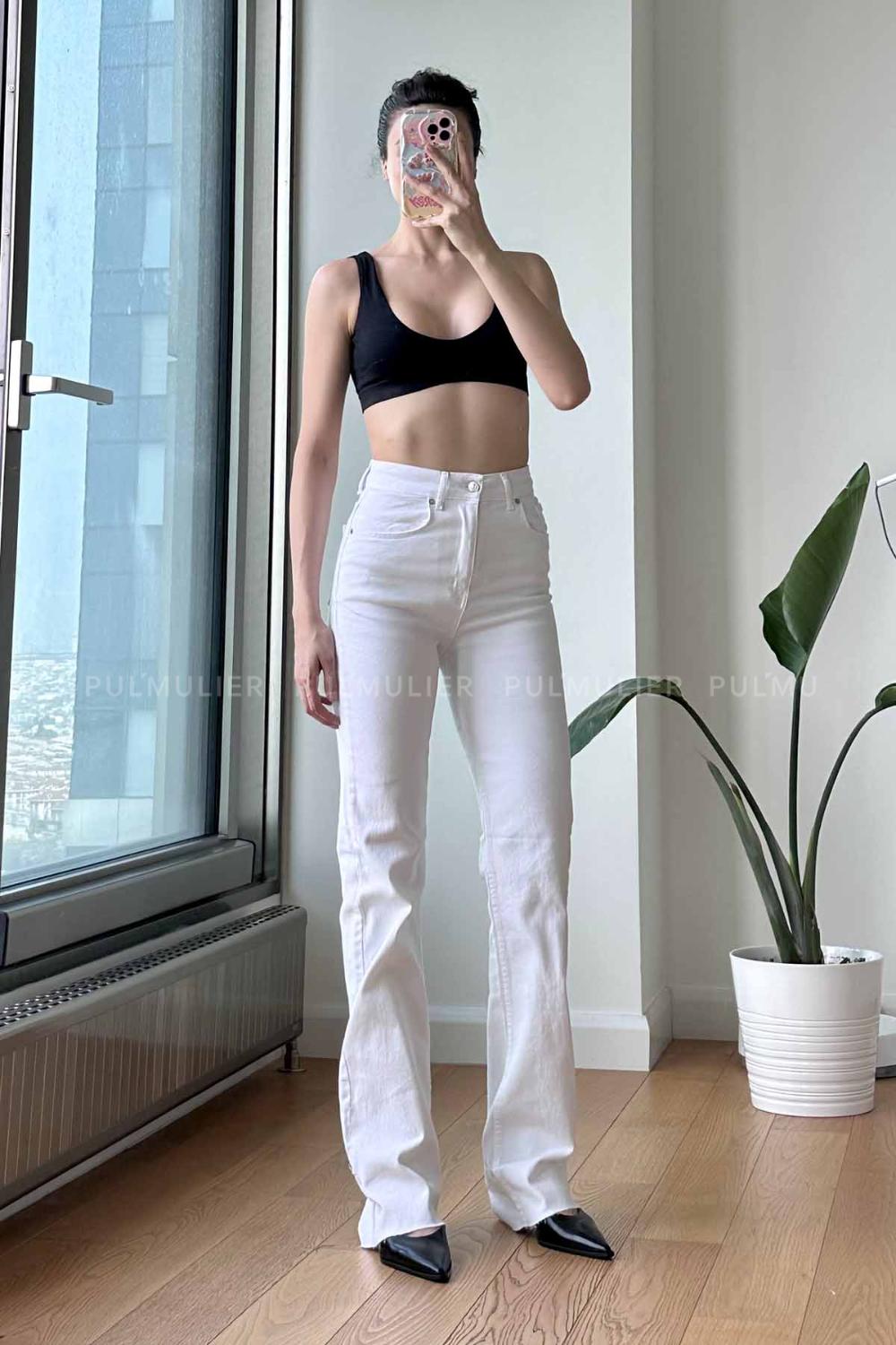 White Cotton High Waist Denim Pants