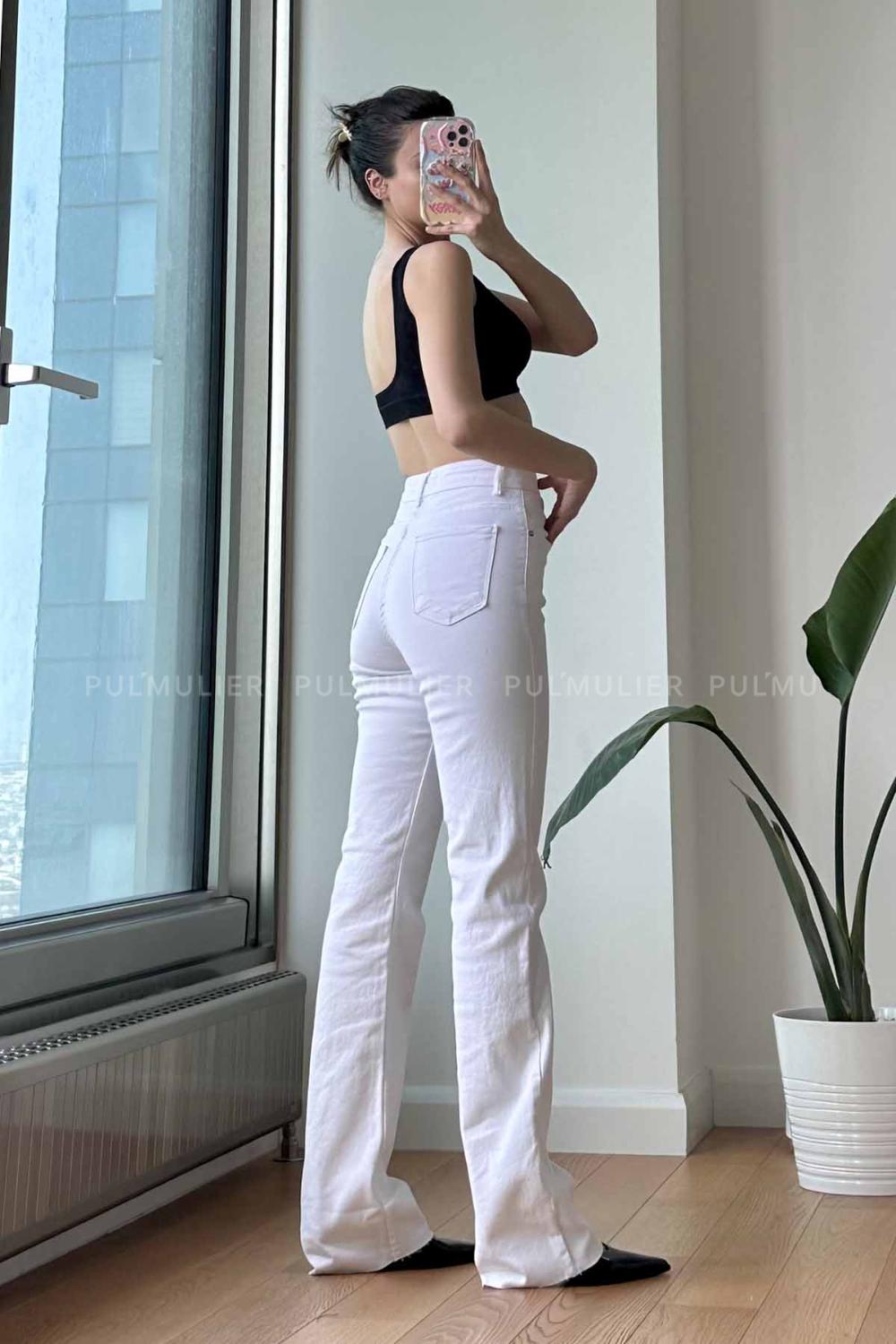 White Cotton High Waist Denim Pants