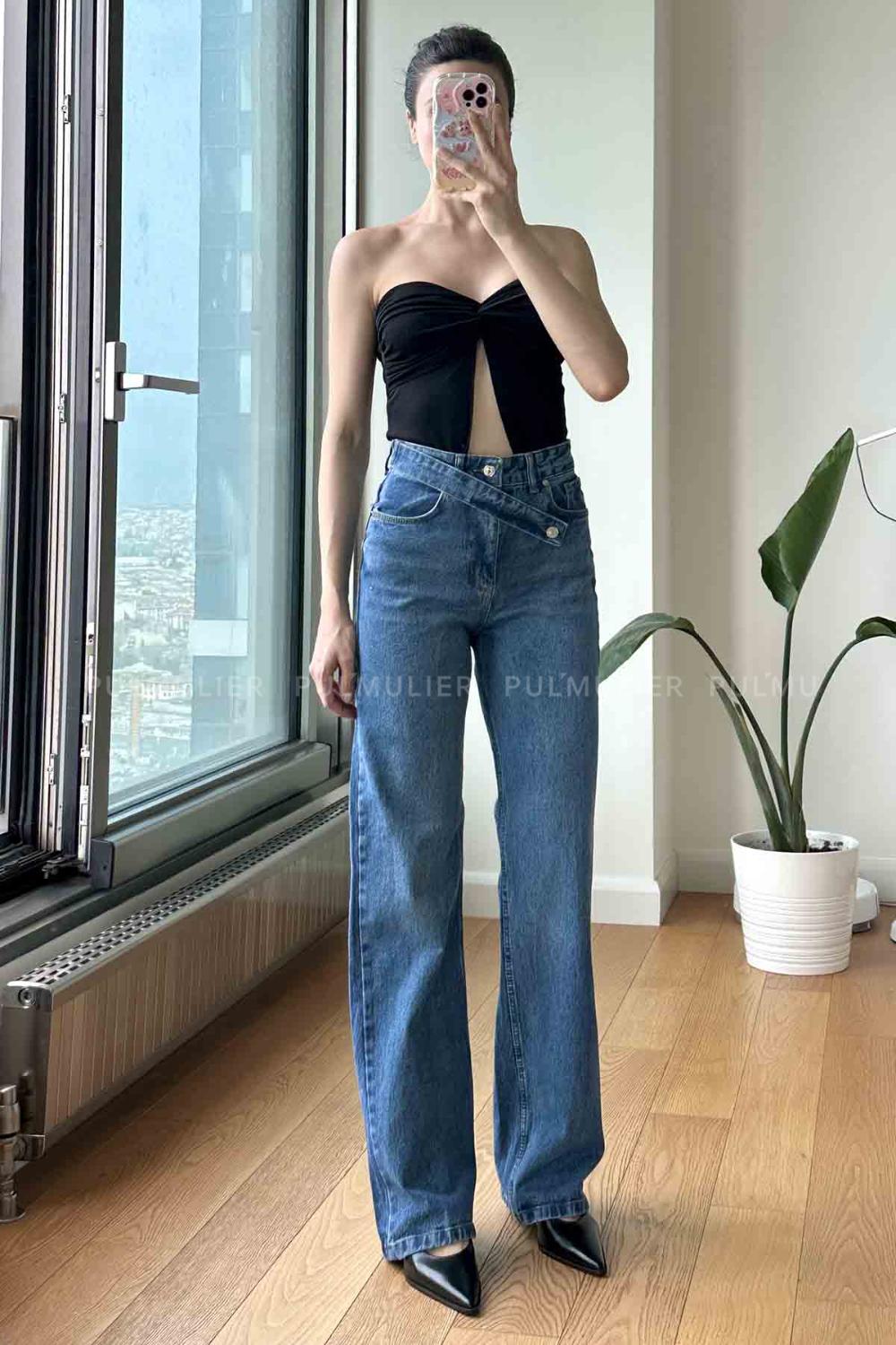 Blue Cotton High Waist Denim Pants