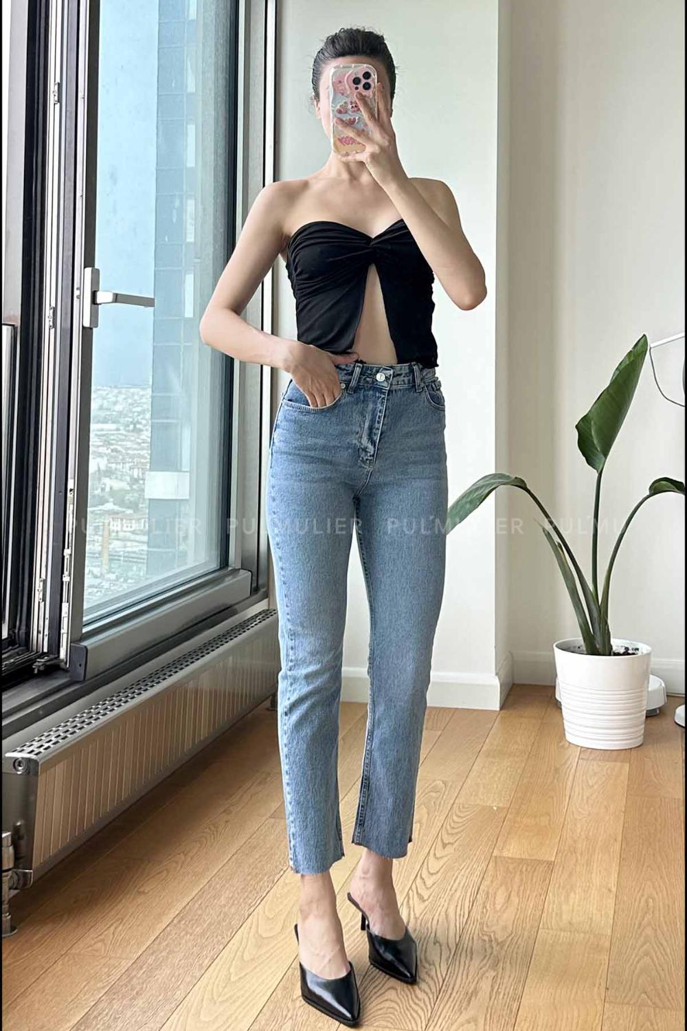 Light Blue Cotton High Waist Denim Pants