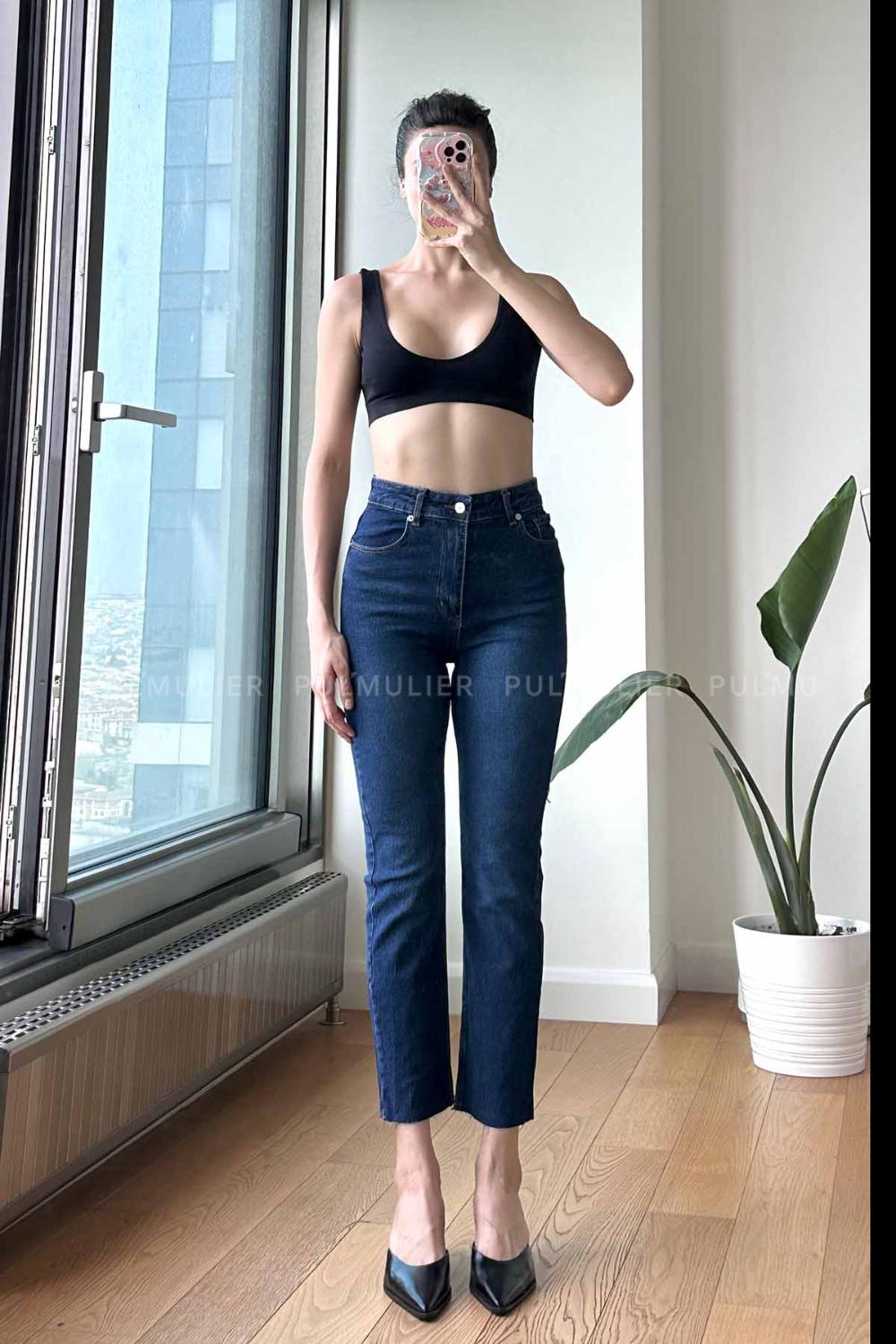 Dark Blue Cotton High Waist Denim Pants