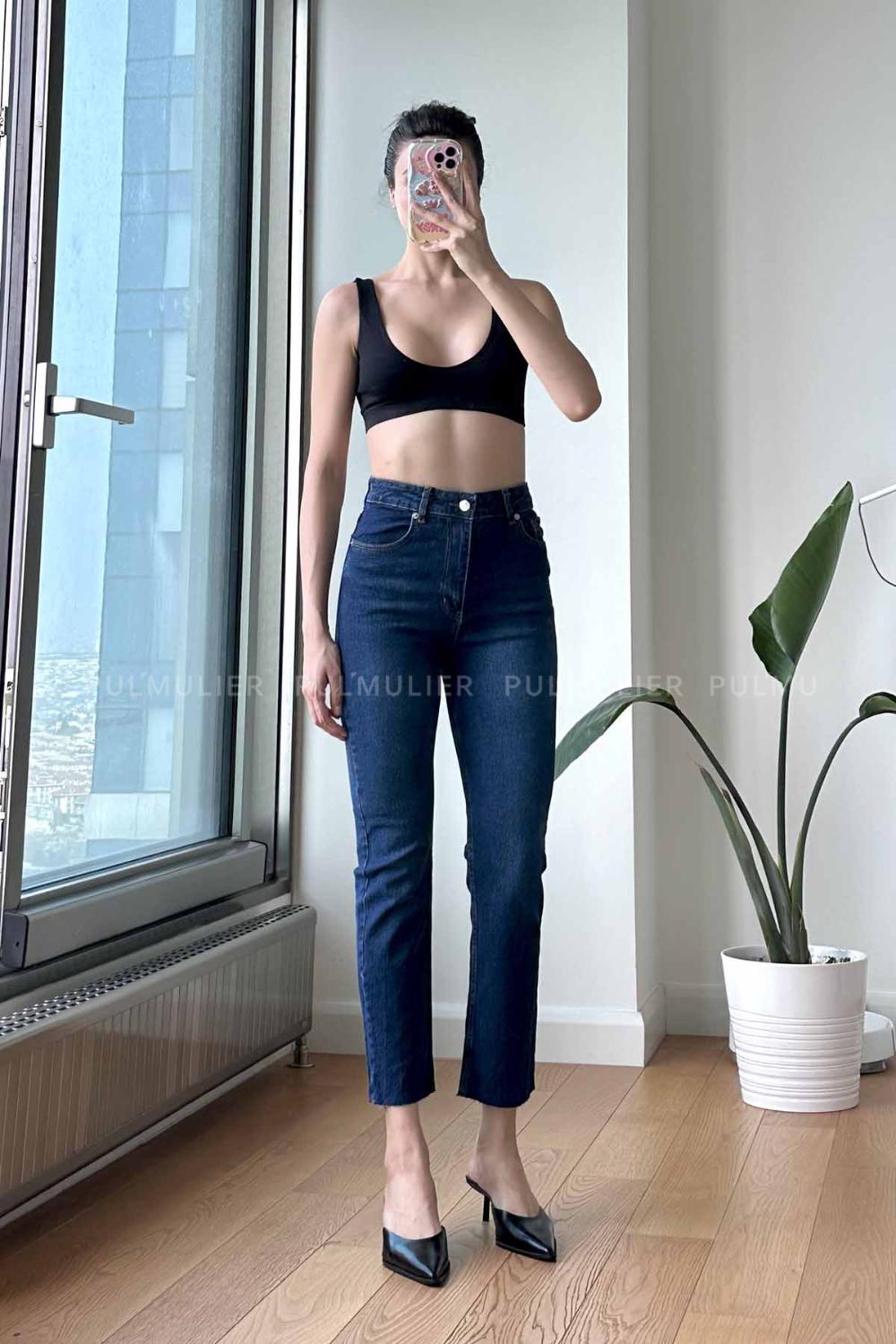 Dark Blue Cotton High Waist Denim Pants