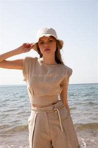Cream Pool Neck Combed Fabric Unprinted Dresess