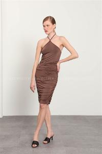 Brown Pool Neck Combed Fabric Unprinted Dresess