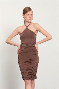 Brown Pool Neck Combed Fabric Unprinted Dresess