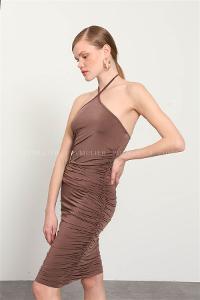 Brown Pool Neck Combed Fabric Unprinted Dresess