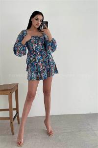 Blue Pool Neck Combed Fabric Unprinted Dresess