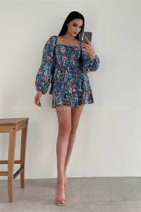 Blue Pool Neck Combed Fabric Unprinted Dresess