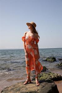 Orange Pool Neck Combed Fabric Unprinted Dresess