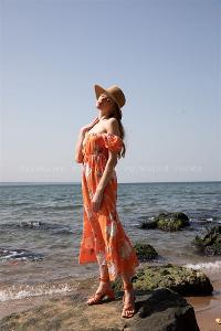 Orange Pool Neck Combed Fabric Unprinted Dresess