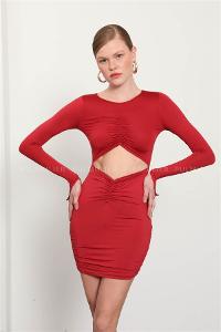 Red Pool Neck Combed Fabric Unprinted Dresess
