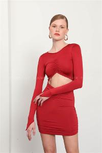 Red Pool Neck Combed Fabric Unprinted Dresess