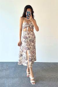 Beige Pool Neck Combed Fabric Unprinted Dresess