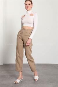 Beige Pool Neck Combed Fabric Unprinted Dresess